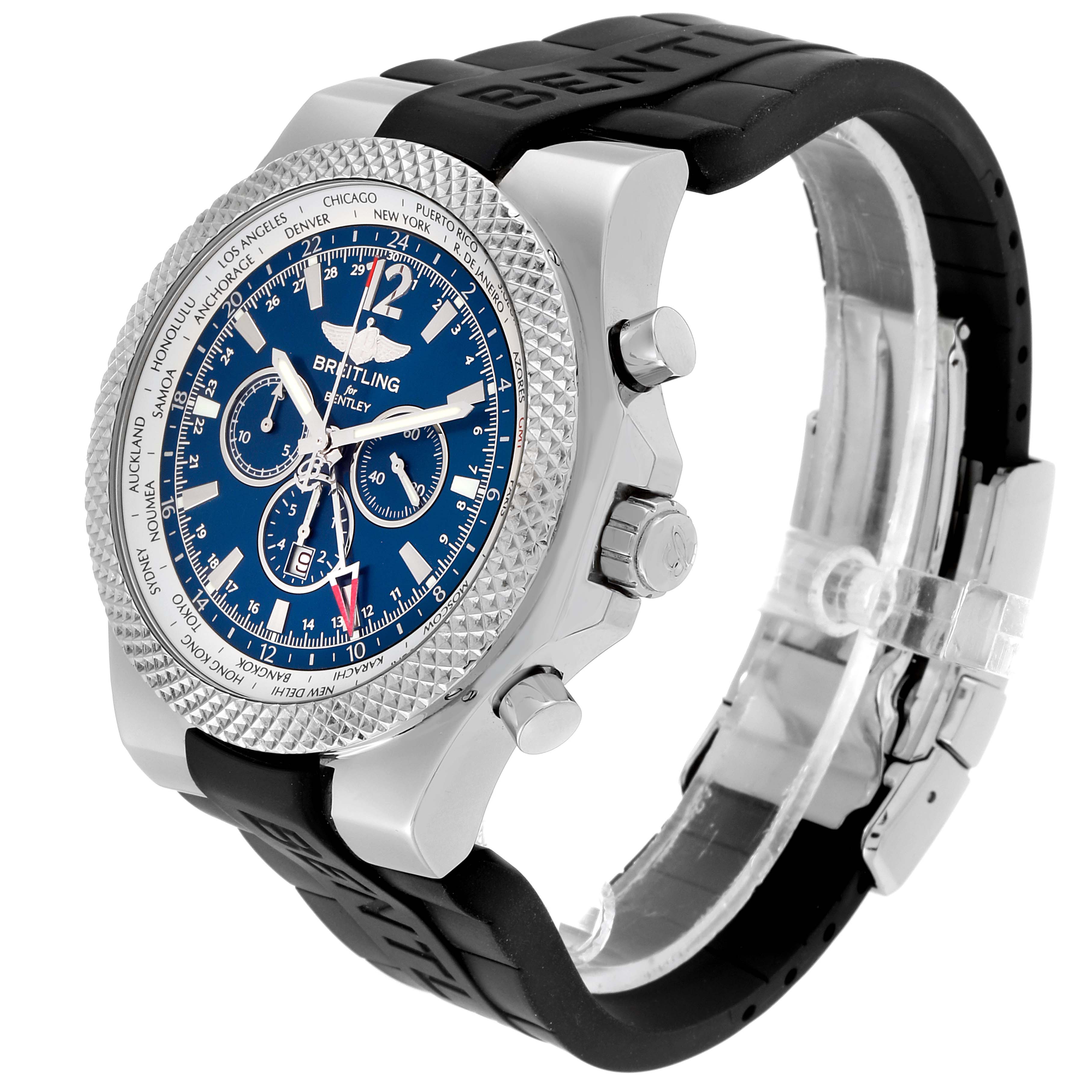 The Breitling Bentley A47362 Men's Stainless Steel Blue Dial A47362 Men's Stainless Steel Blue Dial watch is shown at a three-quarter angle, highlighting the face, bezel, and part of the strap.