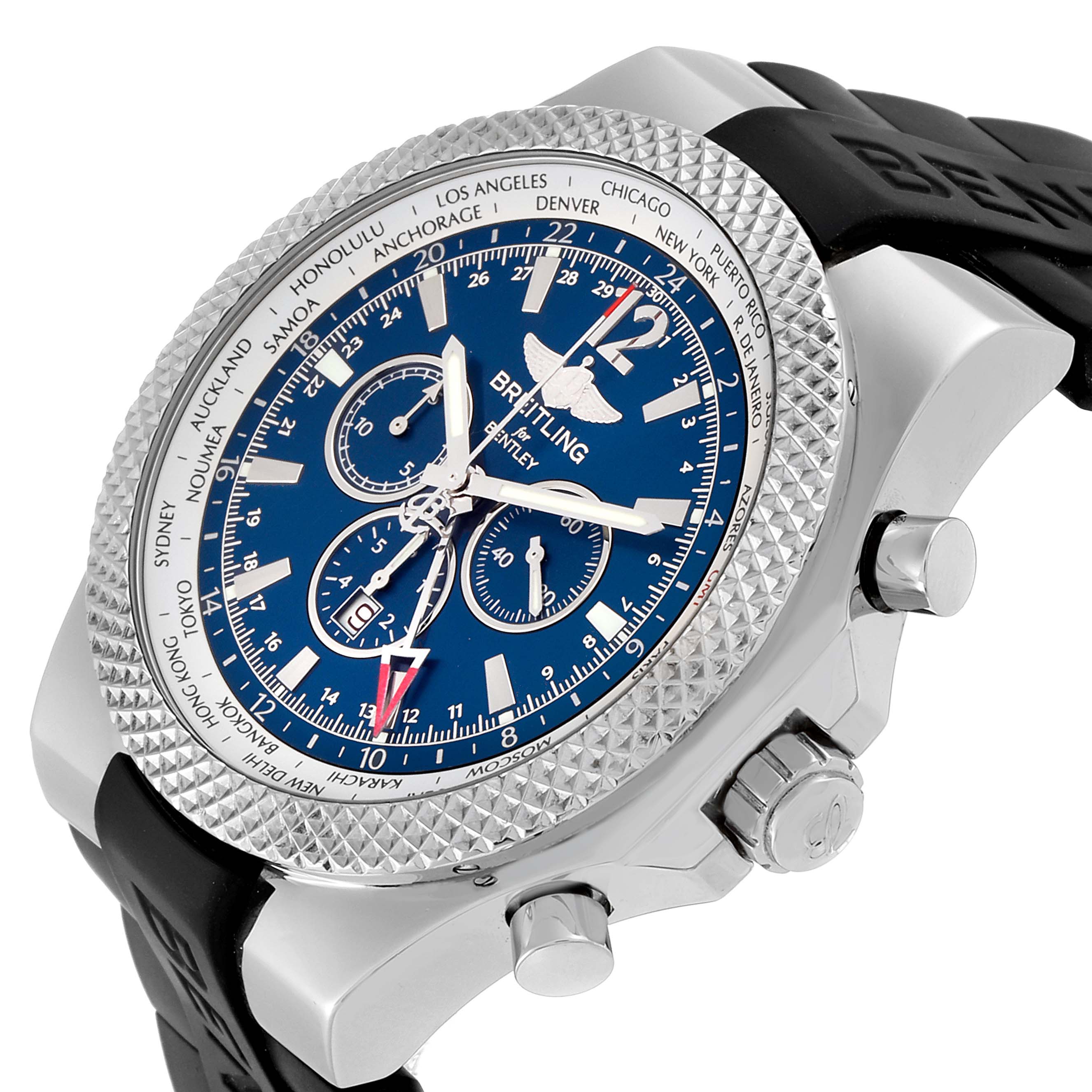 The image shows a close-up, angled view of a Breitling Bentley A47362 Men's Stainless Steel Blue Dial A47362 Men's Stainless Steel Blue Dial watch, highlighting the bezel, dial, and some of the strap.