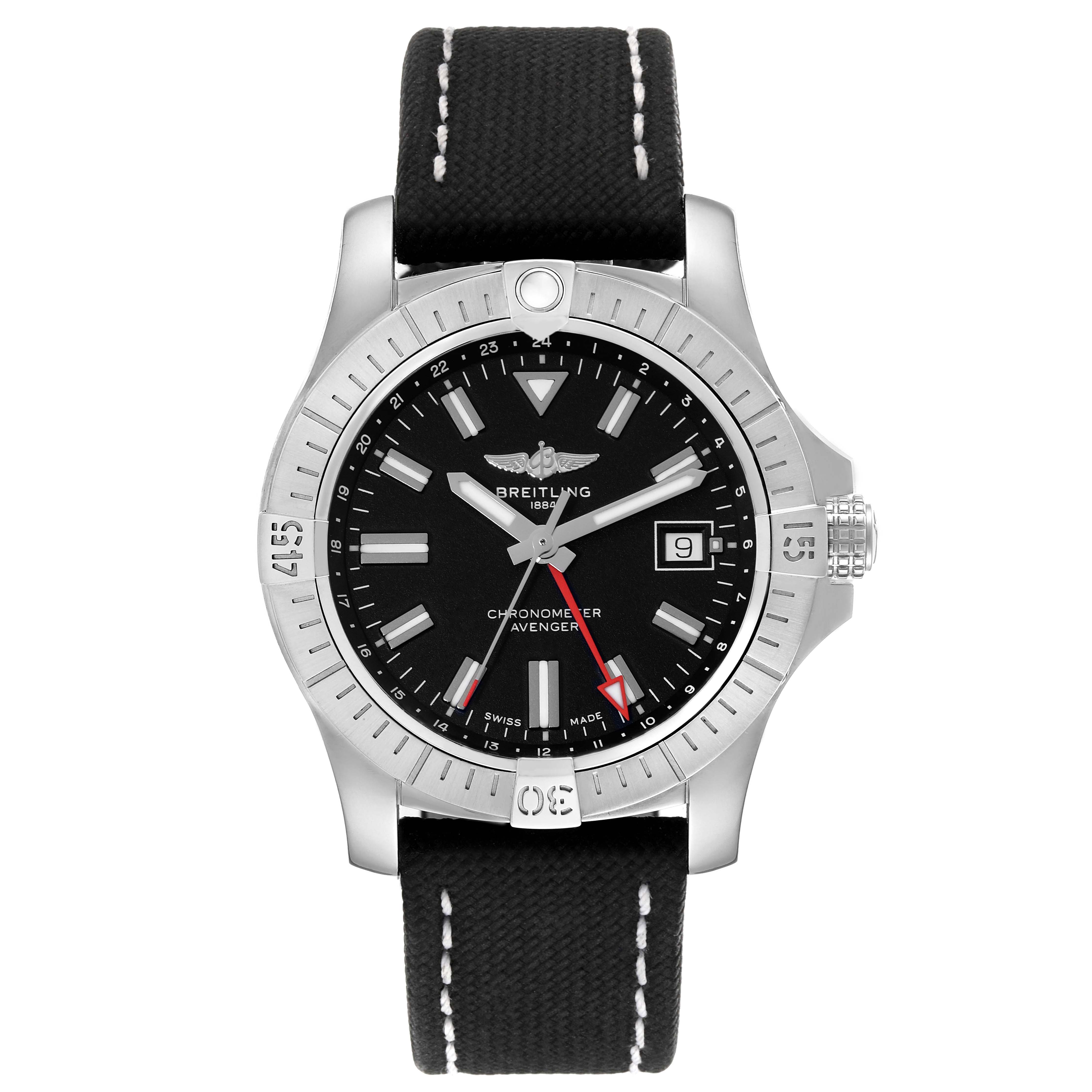 This image shows a front view of a Breitling Chronomat A32397 Men's Stainless Steel Black Dial A32397 Men's Stainless Steel Black Dial watch, displaying the dial, bezel, hands, date window, and strap.