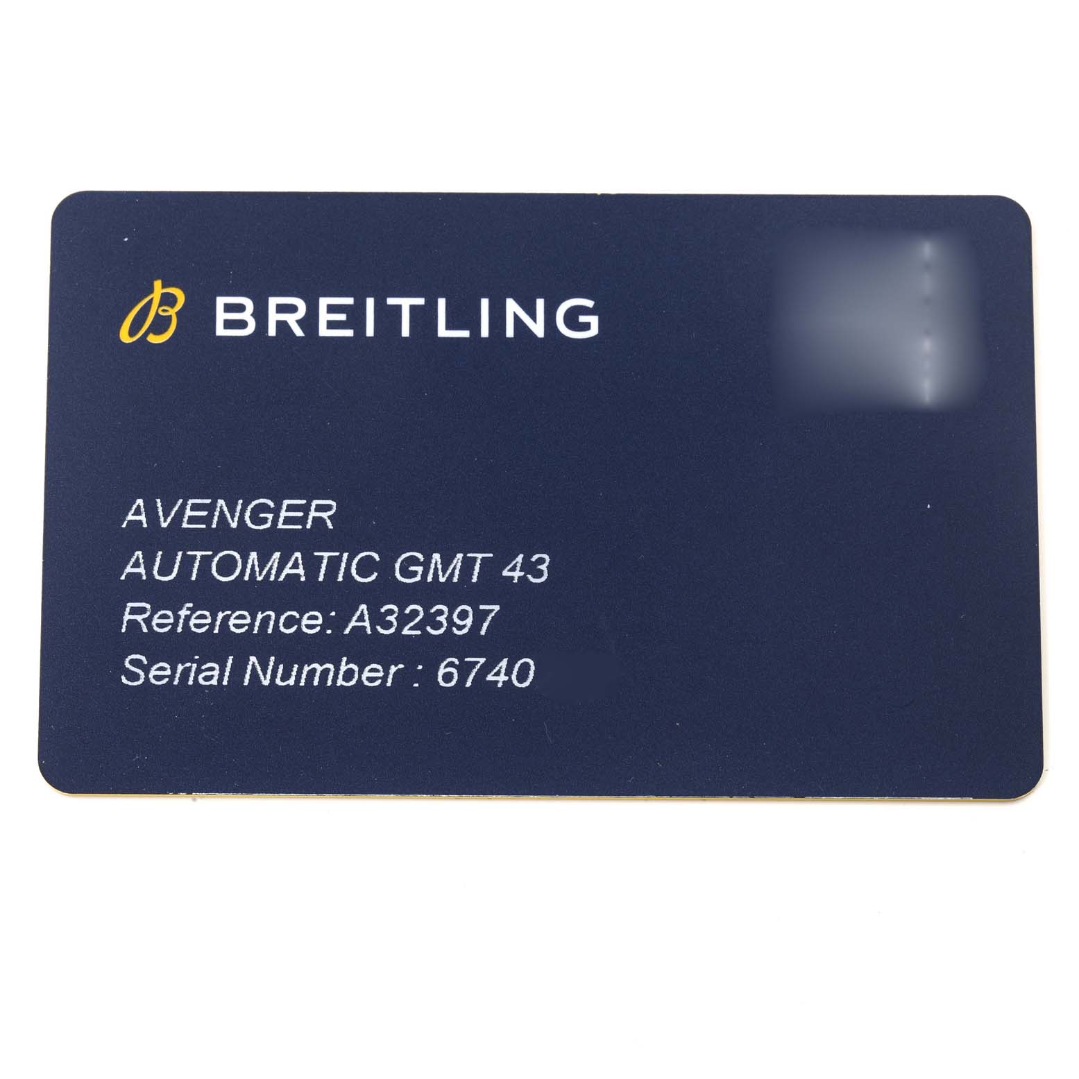 The image shows a Breitling Avenger Automatic GMT 43 watch card with reference number A32397.