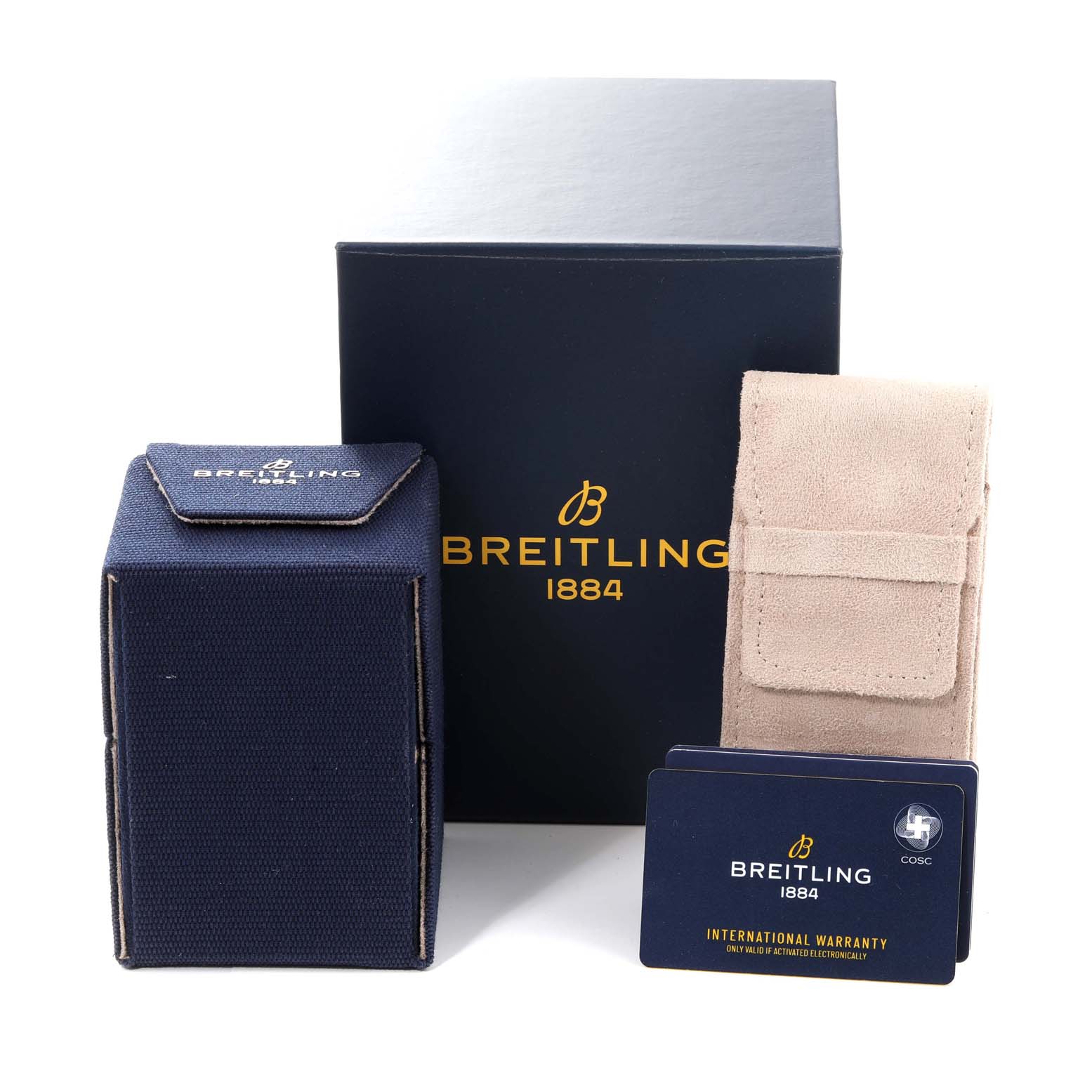 Breitling Chronomat A32397 Men's Stainless Steel Black Dial A32397 Men's Stainless Steel Black Dial watch accessories include a navy box, travel pouch, and international warranty cards displayed frontally.