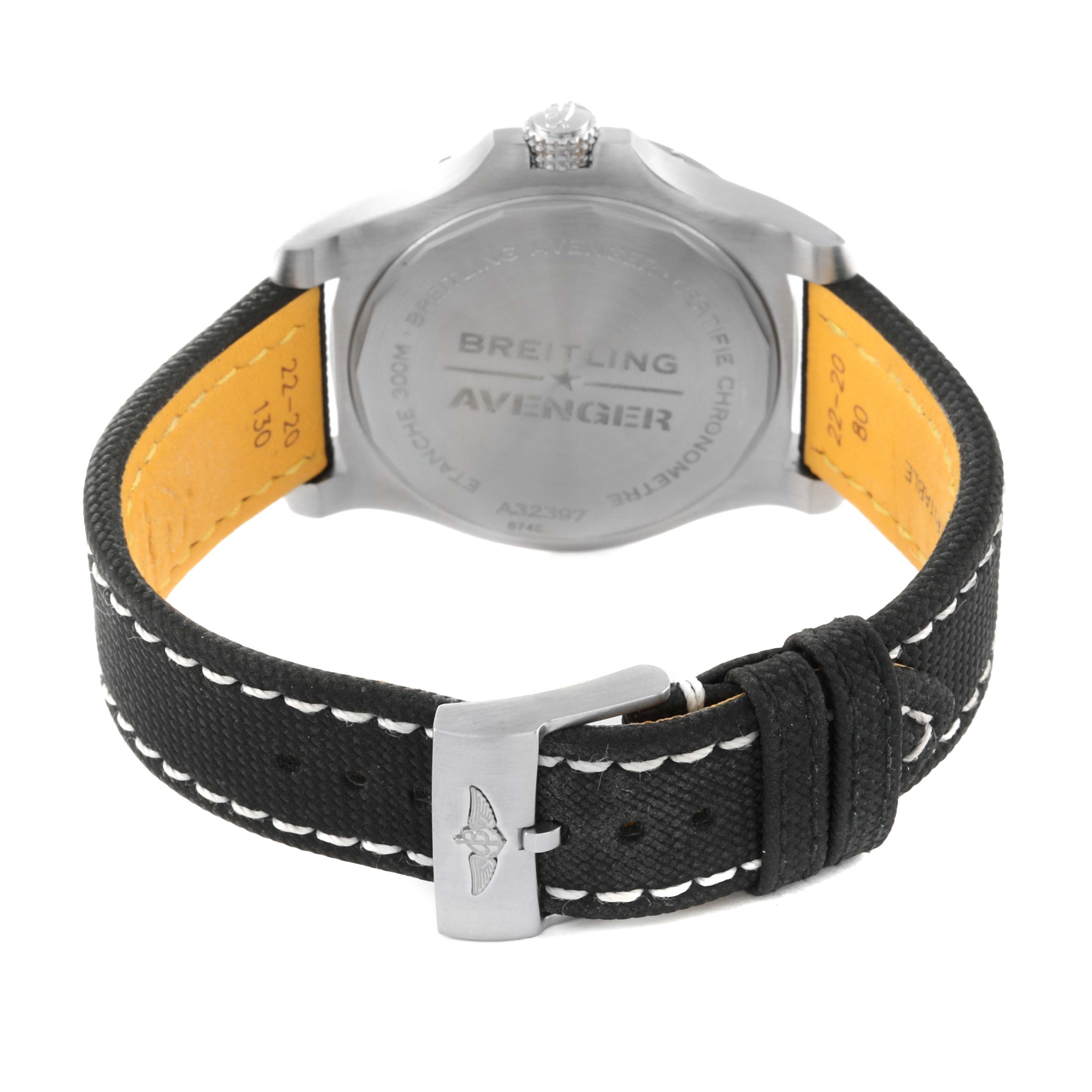 The image shows the backside of a Breitling Chronomat A32397 Men's Stainless Steel Black Dial A32397 Men's Stainless Steel Black Dial watch, highlighting the case back and leather strap with the buckle.