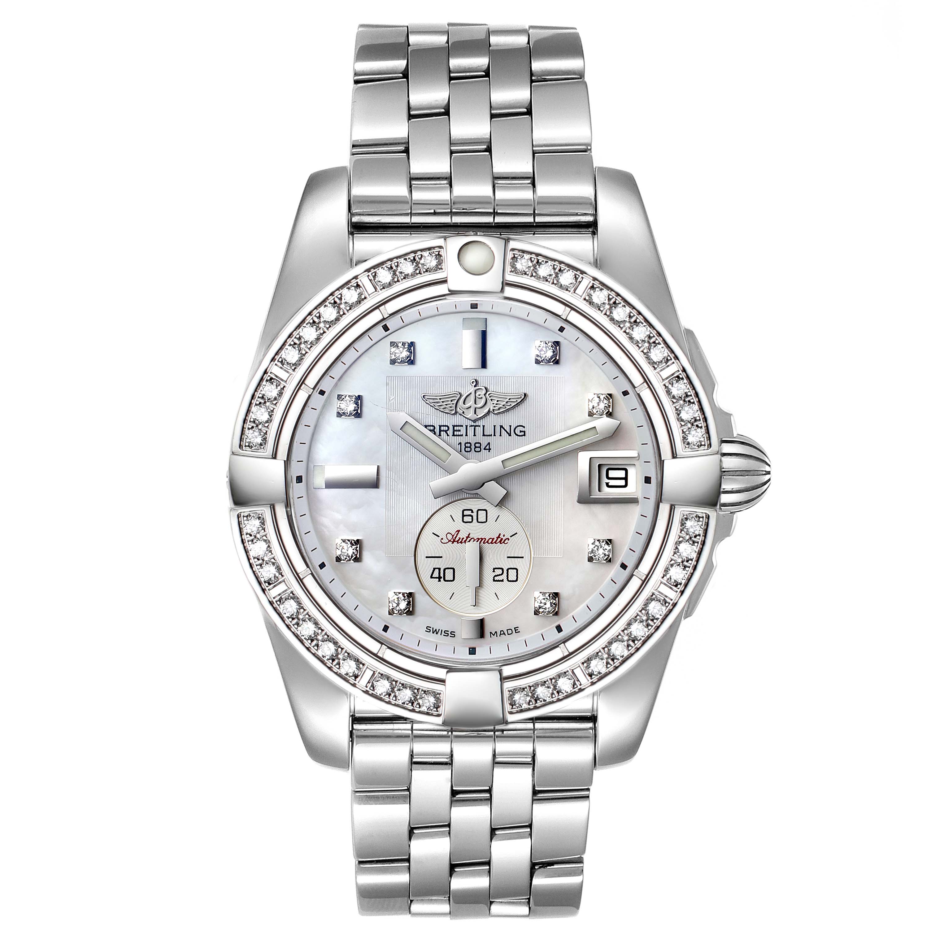 The Breitling A37330 Women's Stainless Steel Mother of Pearl Dial A37330 Women's Stainless Steel Mother of Pearl Dial Galactic 36 Mother of Pearl Diamond Steel Ladies Watch A37330 is shown from a front angle, displaying its face, bezel, and bracelet.