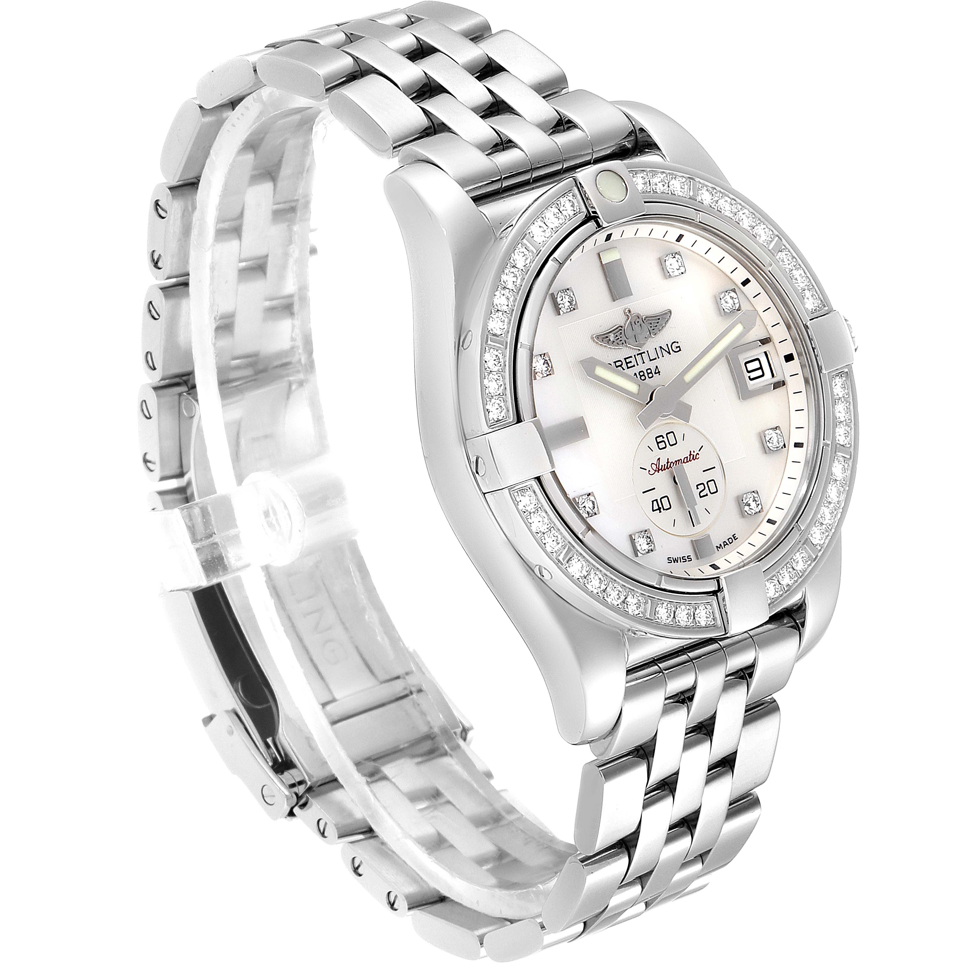 The image shows a side angle view of the Breitling A37330 Women's Stainless Steel Mother of Pearl Dial A37330 Women's Stainless Steel Mother of Pearl Dial Galactic 36 Mother of Pearl Diamond Steel Ladies Watch A37330, highlighting its face and band.