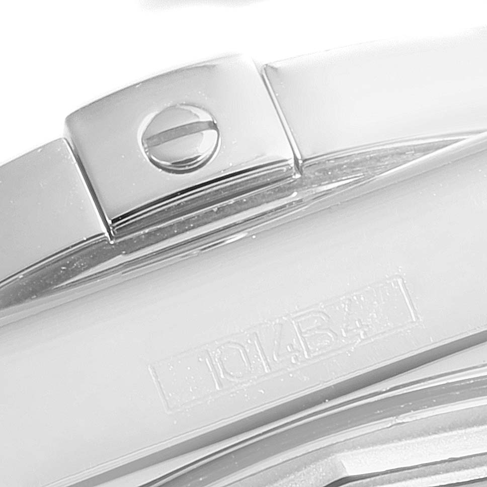 The image shows a close-up of the clasp and part of the band of the Breitling A37330 Women's Stainless Steel Mother of Pearl Dial A37330 Women's Stainless Steel Mother of Pearl Dial Galactic 36 Mother of Pearl Diamond Steel Ladies Watch A37330.