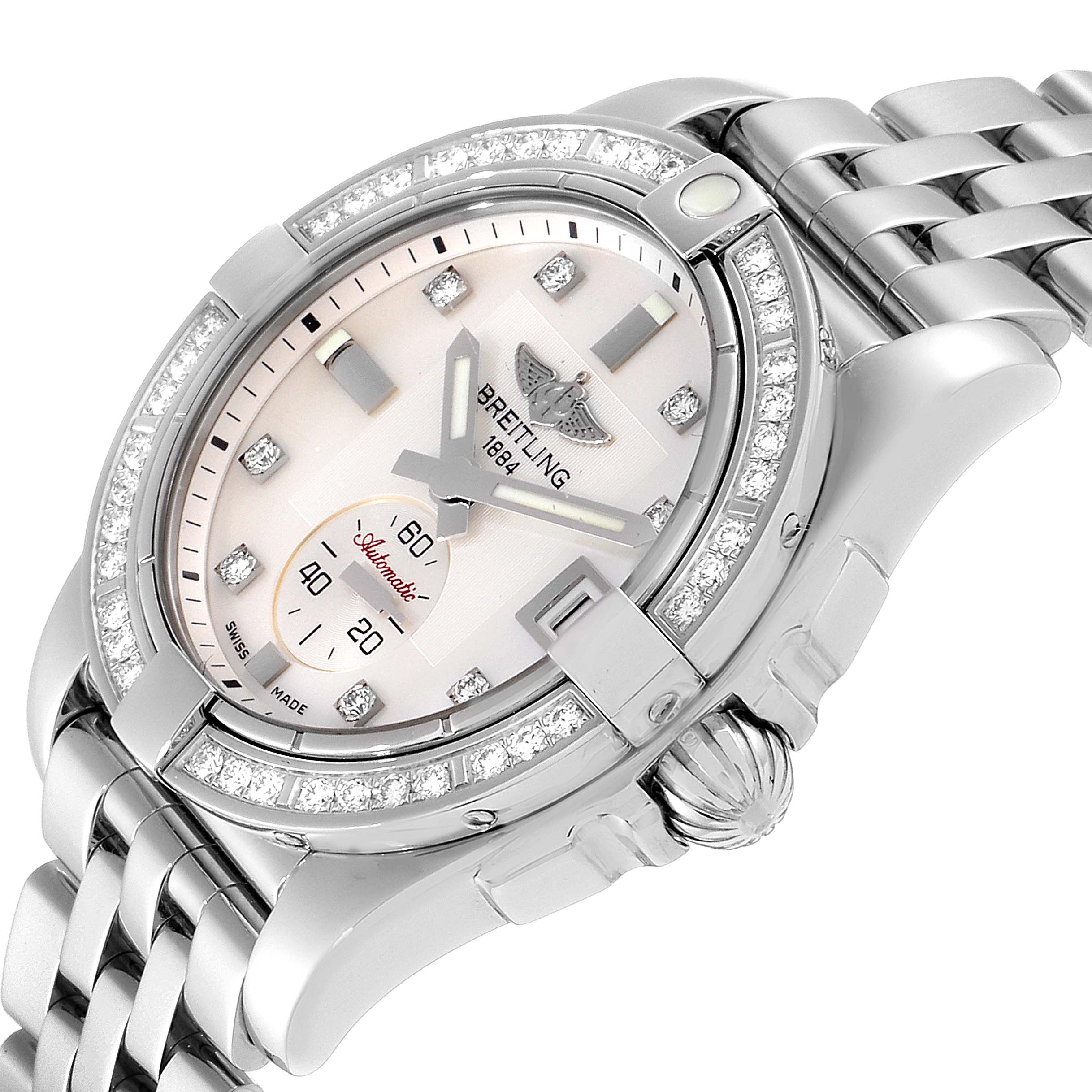 The image shows a close-up angle of the Breitling A37330 Women's Stainless Steel Mother of Pearl Dial A37330 Women's Stainless Steel Mother of Pearl Dial Galactic 36 Mother of Pearl Diamond Steel Ladies Watch A37330, highlighting its face, bezel, and bracelet.