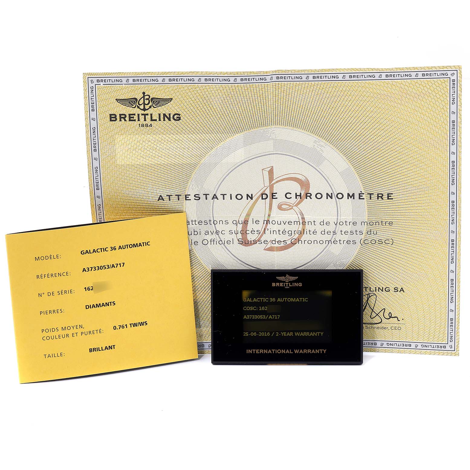 The image shows the warranty card, certificate, and documentation for the Breitling A37330 Women's Stainless Steel Mother of Pearl Dial A37330 Women's Stainless Steel Mother of Pearl Dial Galactic 36 Mother of Pearl Diamond Steel Ladies Watch A37330.