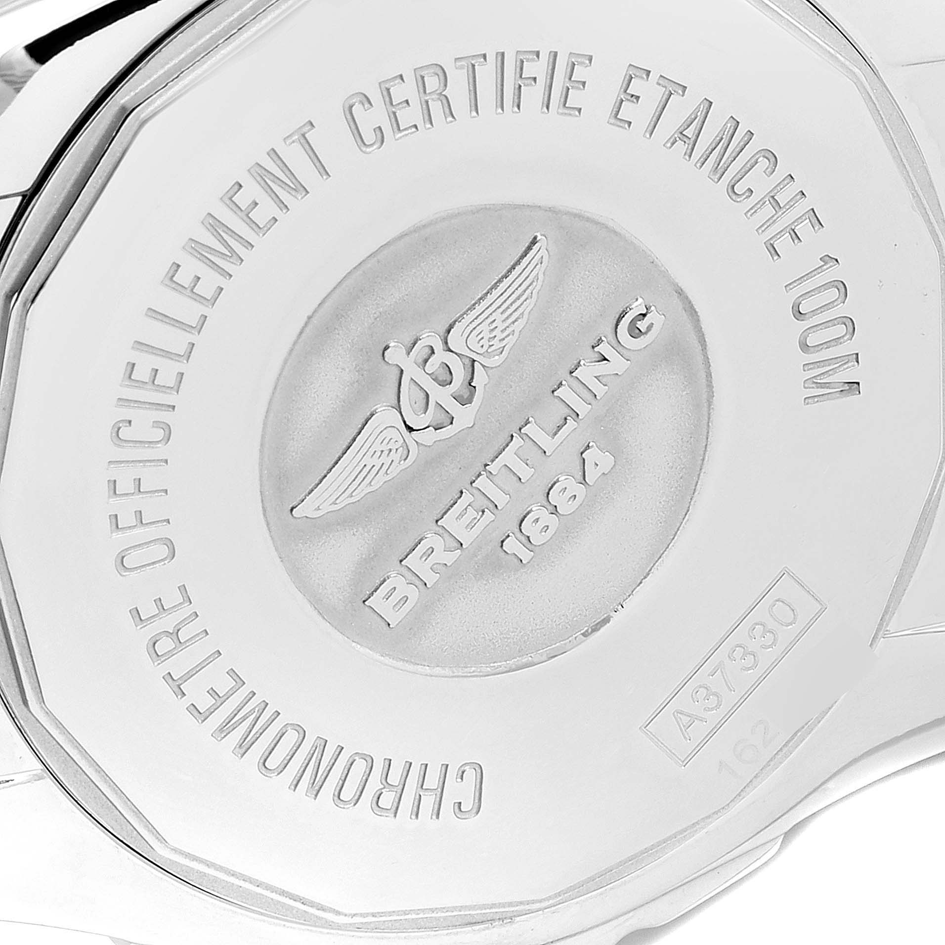 The image shows the case back of the Breitling A37330 Women's Stainless Steel Mother of Pearl Dial A37330 Women's Stainless Steel Mother of Pearl Dial Galactic 36 Mother of Pearl Diamond Steel Ladies Watch, model A37330.