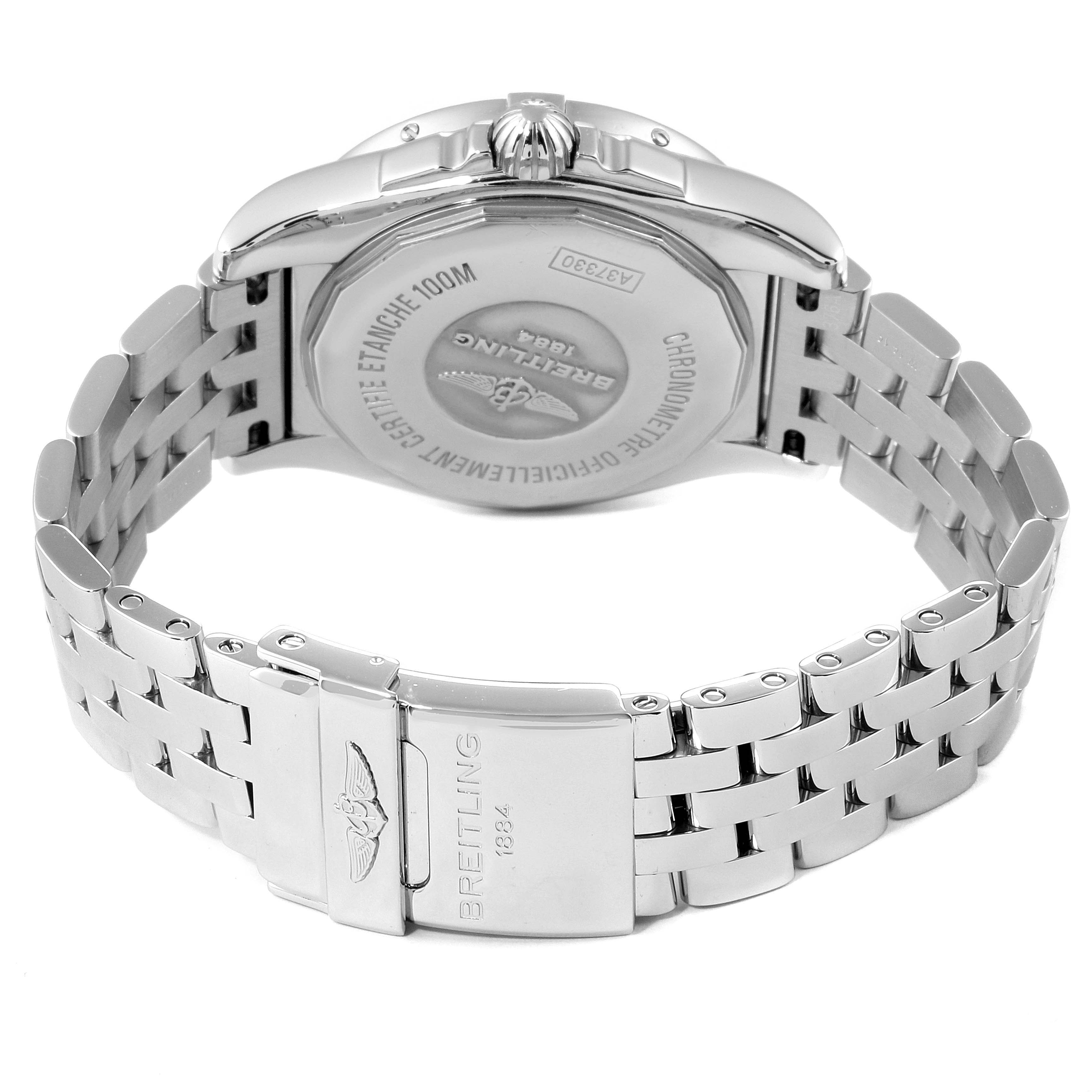 The image shows the back and clasp of the Breitling A37330 Women's Stainless Steel Mother of Pearl Dial A37330 Women's Stainless Steel Mother of Pearl Dial Galactic 36 Mother of Pearl Diamond Steel Ladies Watch A37330.