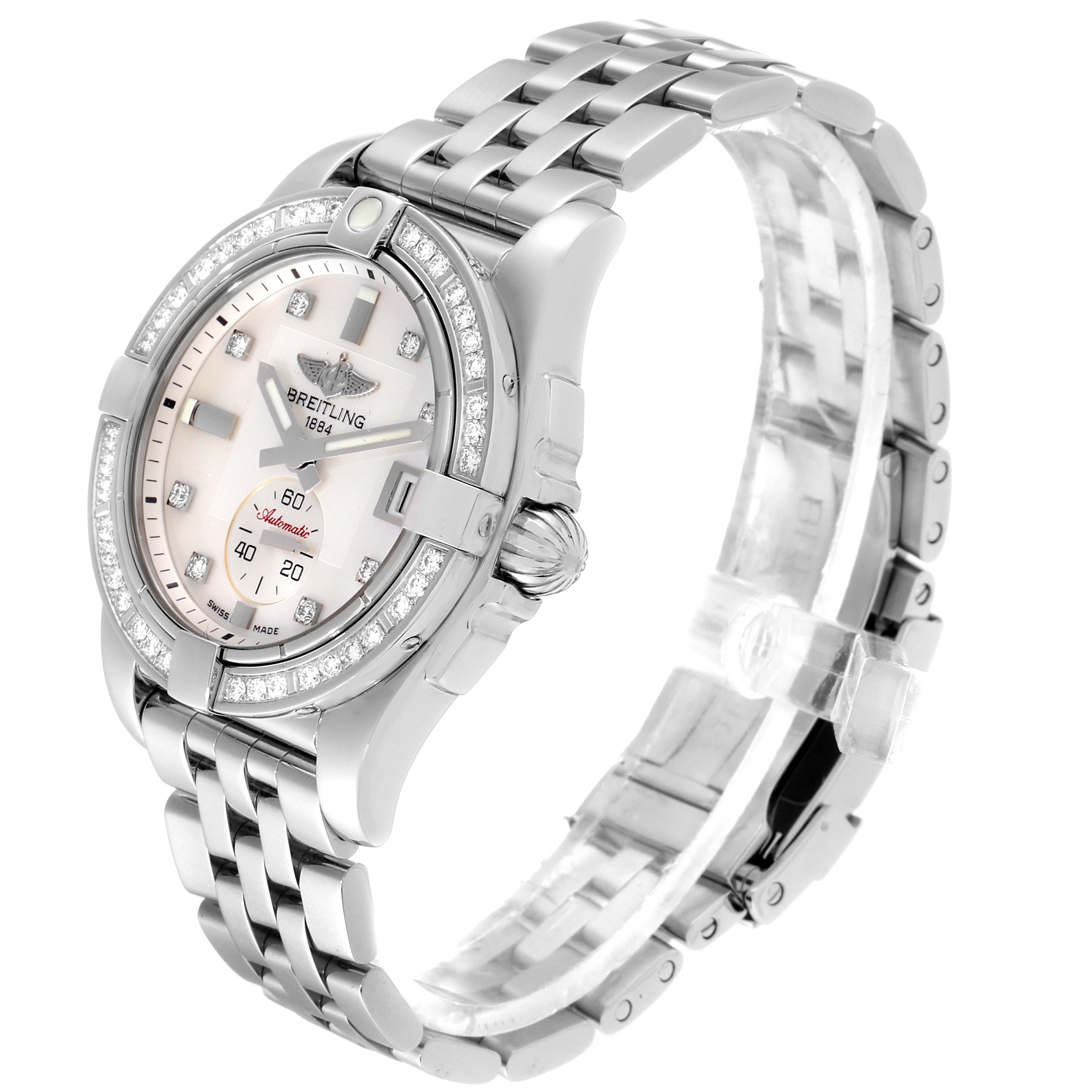 The image shows a side angle view of the Breitling A37330 Women's Stainless Steel Mother of Pearl Dial A37330 Women's Stainless Steel Mother of Pearl Dial Galactic 36 Mother of Pearl Diamond Steel Ladies Watch A37330 showcasing the dial, bezel, and bracelet.