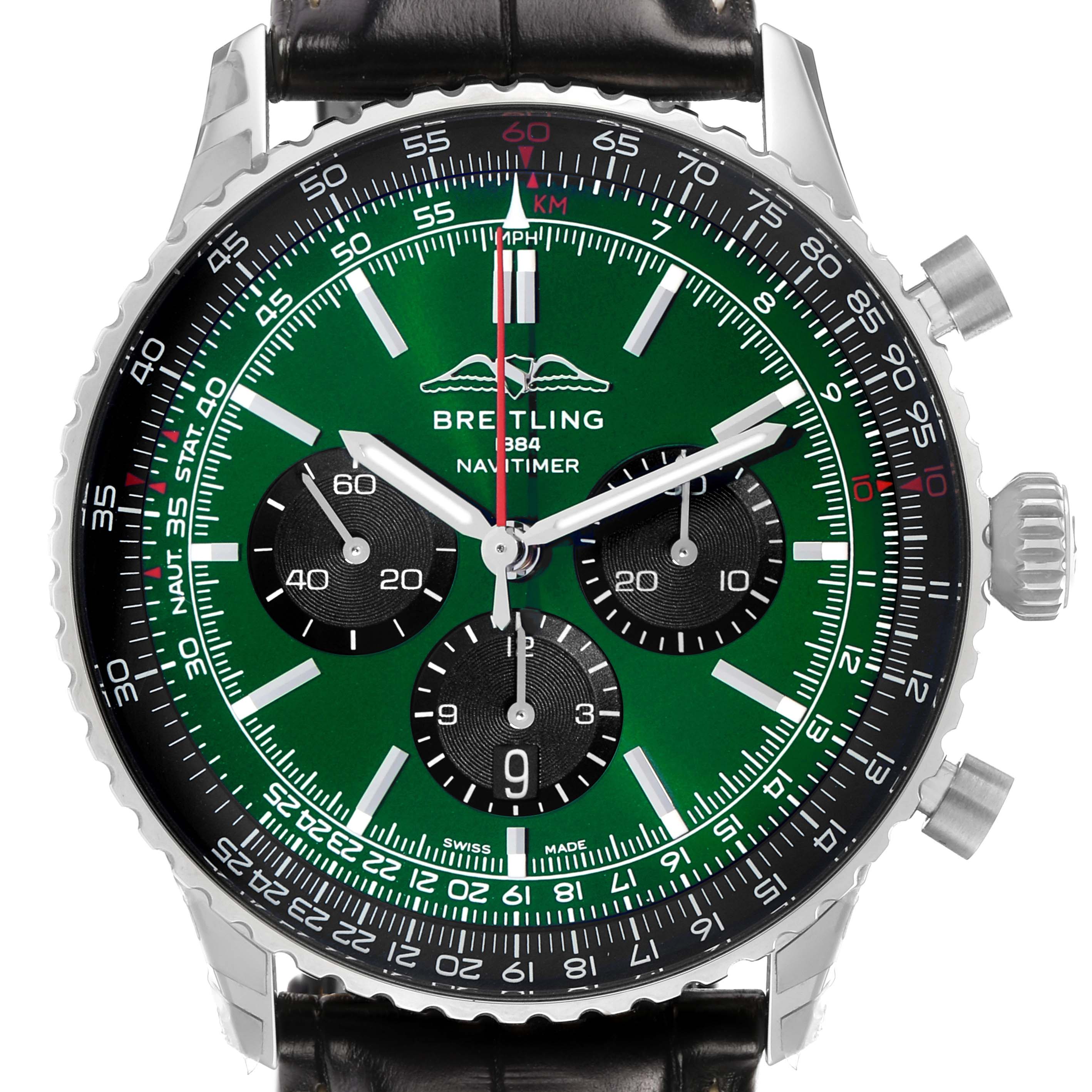 The Breitling Navitimer AB0137 Men's Stainless Steel Green Dial watch is shown from a front angle, featuring its green dial, chronograph subdials, bezel, and black leather strap.