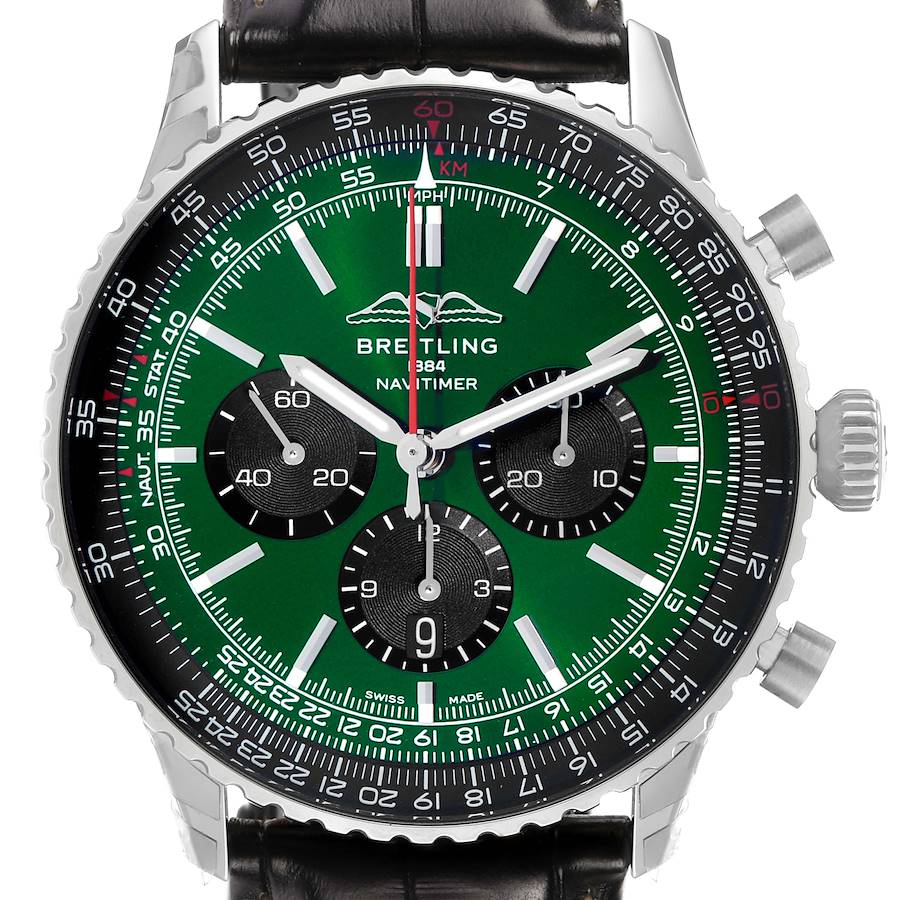 The Breitling Navitimer AB0137 Men's Stainless Steel Green Dial watch is shown from a front angle, featuring its green dial, chronograph subdials, bezel, and black leather strap.