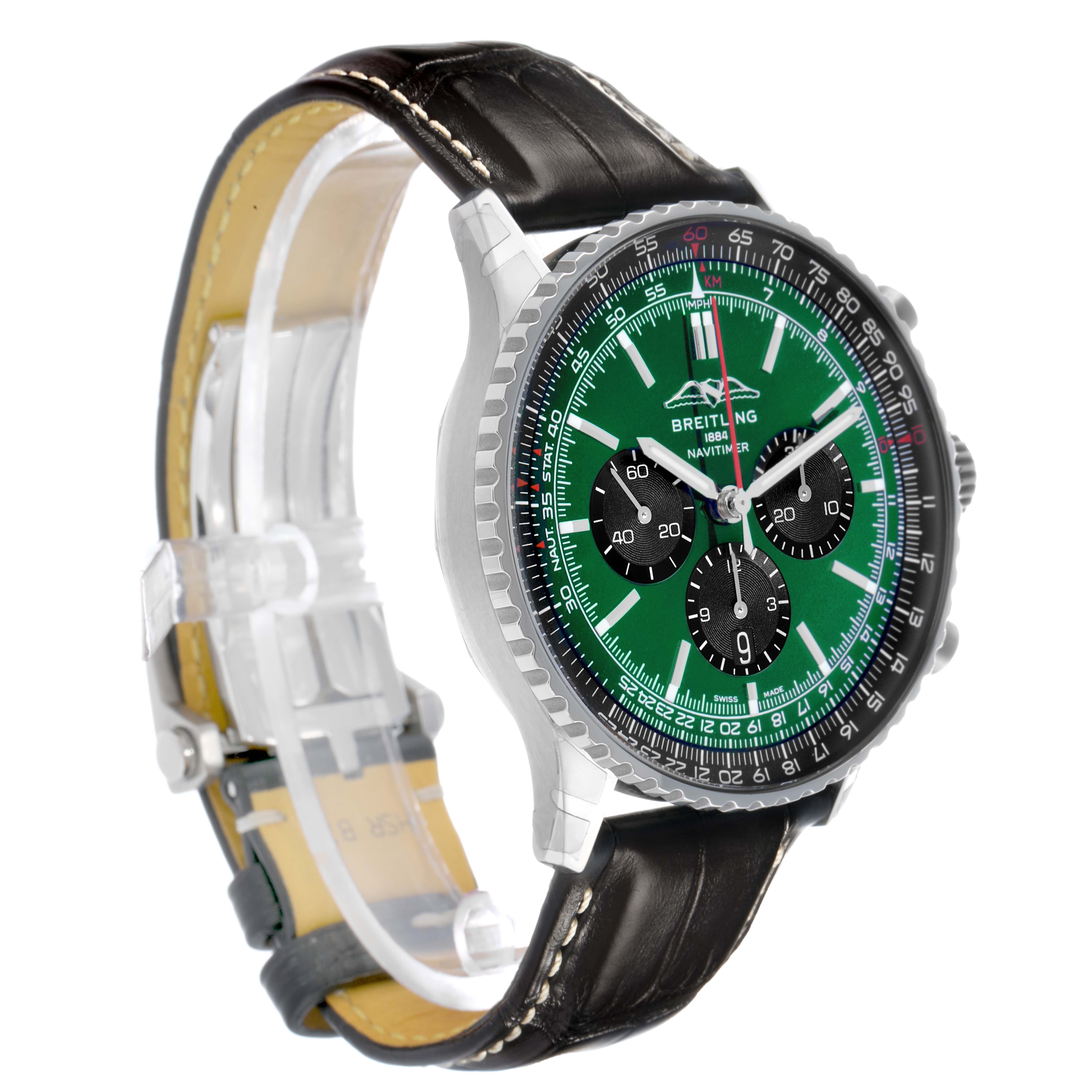The Breitling Navitimer AB0137 Men's Stainless Steel Green Dial watch is shown at a three-quarter angle highlighting its green dial, chronograph subdials, and leather strap.
