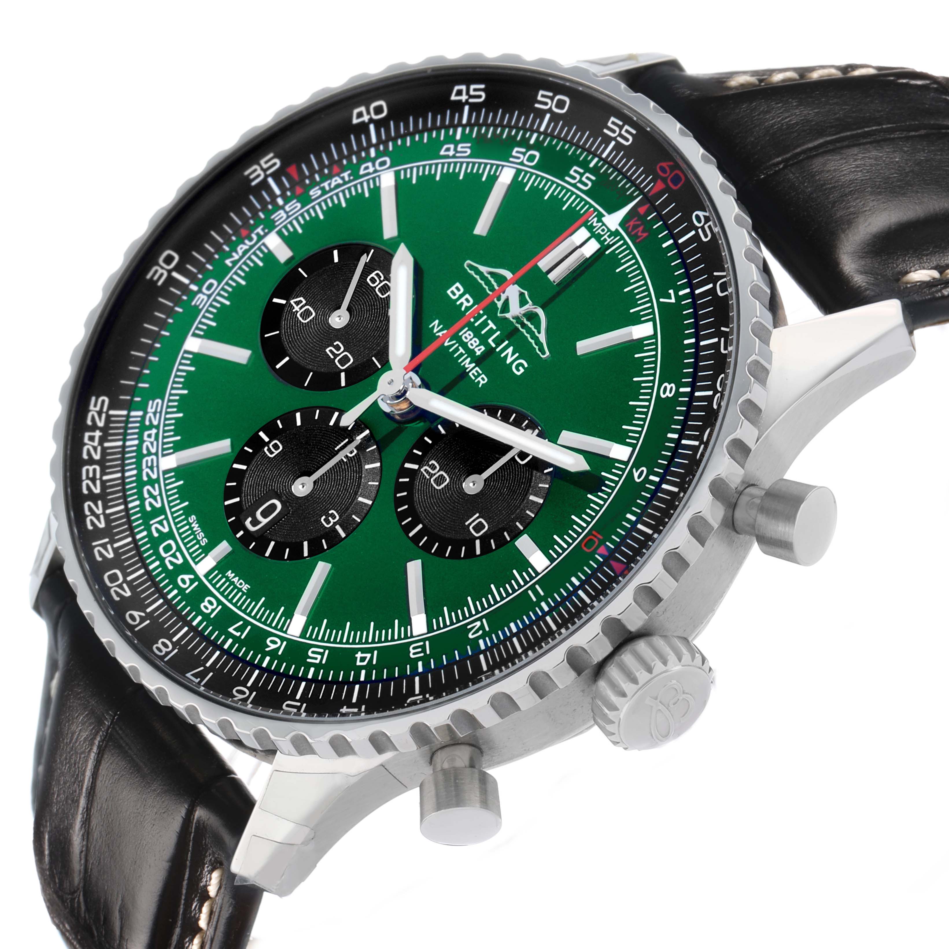The Breitling Navitimer AB0137 Men's Stainless Steel Green Dial watch is shown at an angled side view, displaying the green face, bezel, crown, and pushers.