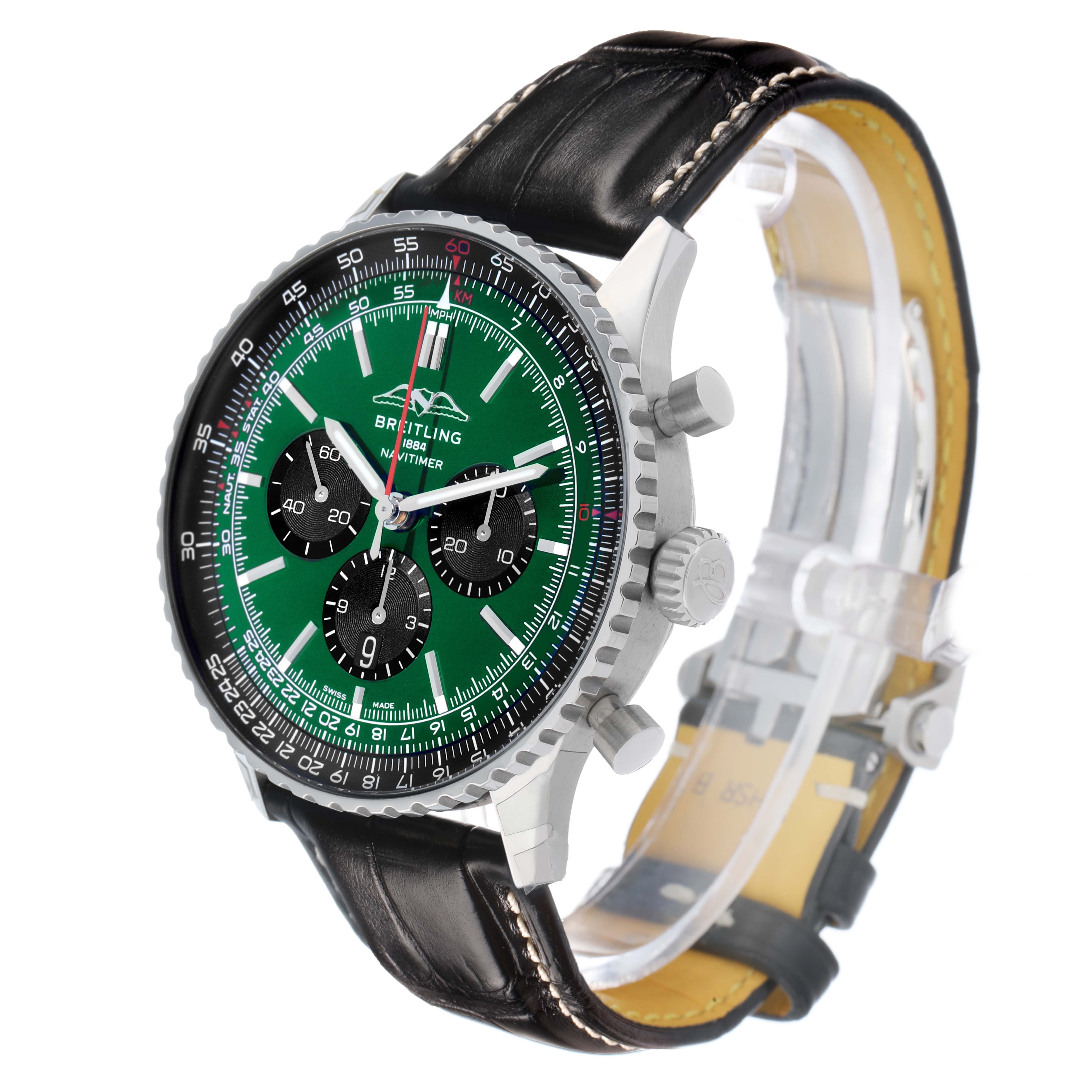 The Breitling Navitimer AB0137 Men's Stainless Steel Green Dial watch is shown at a three-quarter angle, highlighting the green dial, chronograph sub-dials, and brown leather strap.