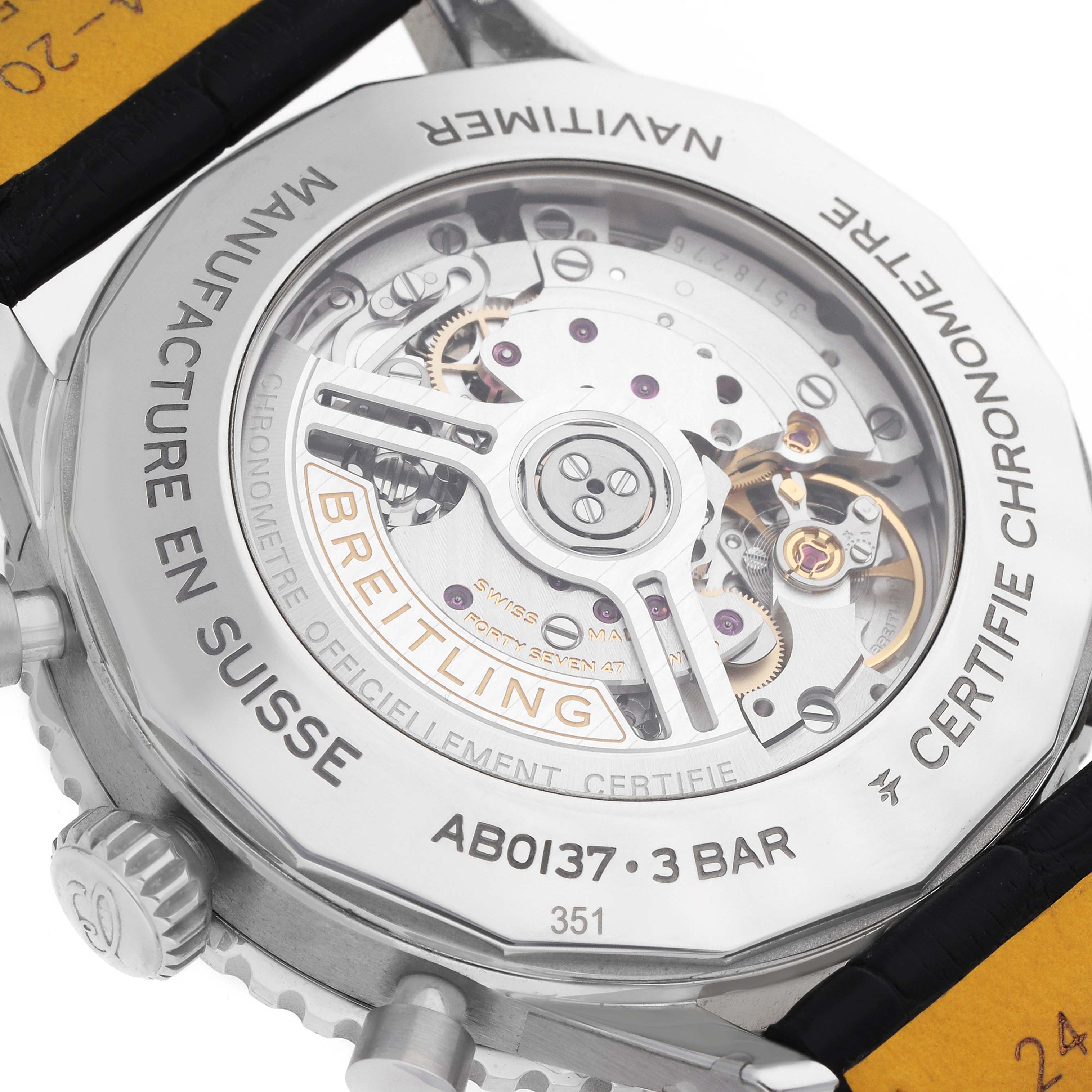 The image shows the back of a Breitling Navitimer AB0137 Men's Stainless Steel Green Dial watch with an open case revealing the movement and rotor.