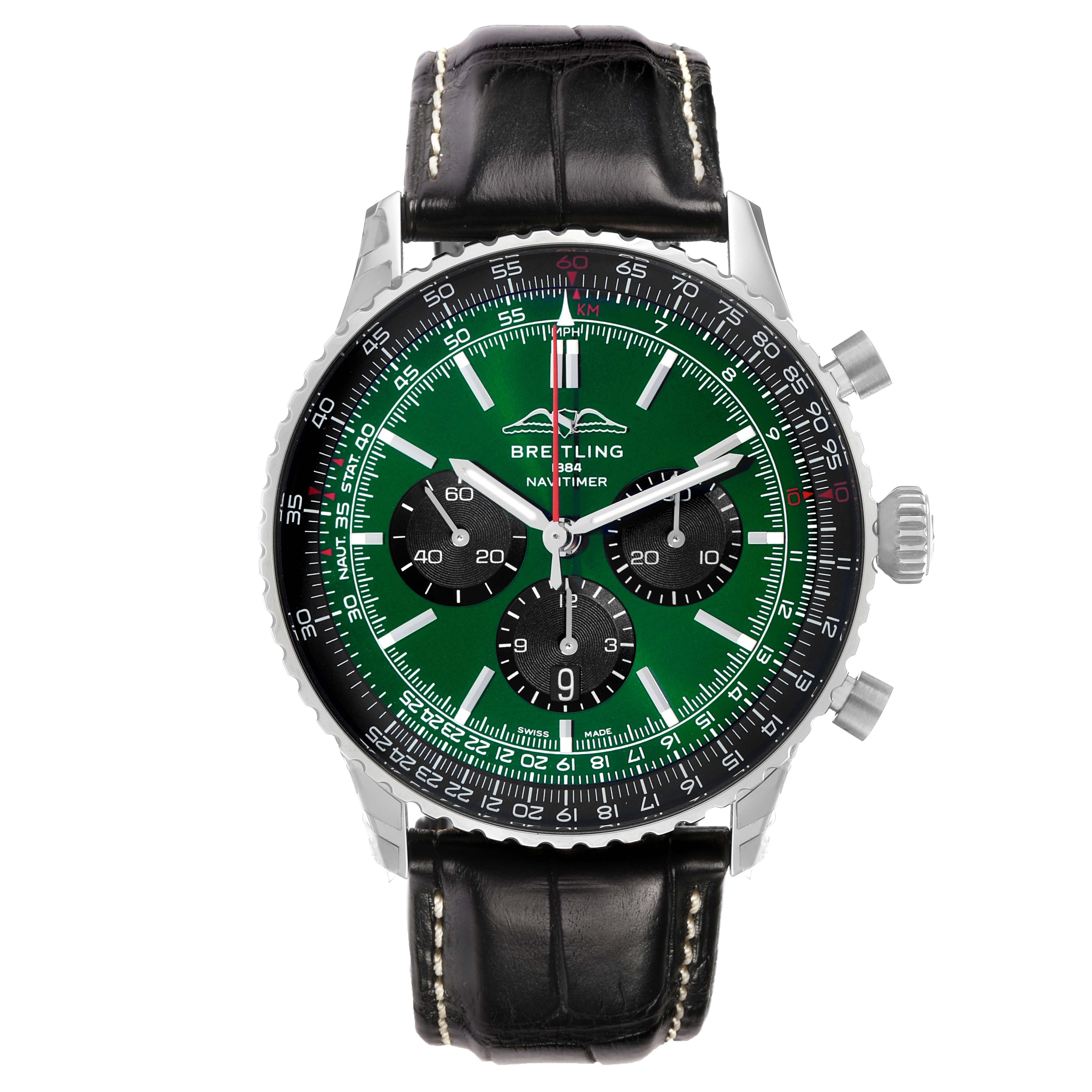 The Breitling Navitimer AB0137 Men's Stainless Steel Green Dial watch is shown from a top-down angle, displaying the dial, bezel, crown, chronograph pushers, and strap.