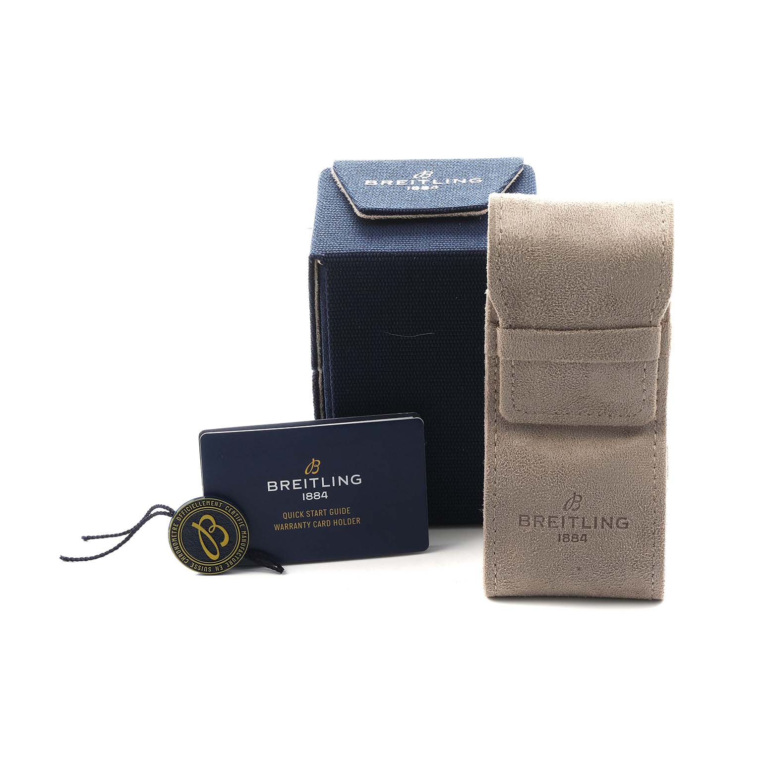 The image shows Navitimer by Breitling accessories at a front angle, including a box, a pouch, and a warranty card holder.