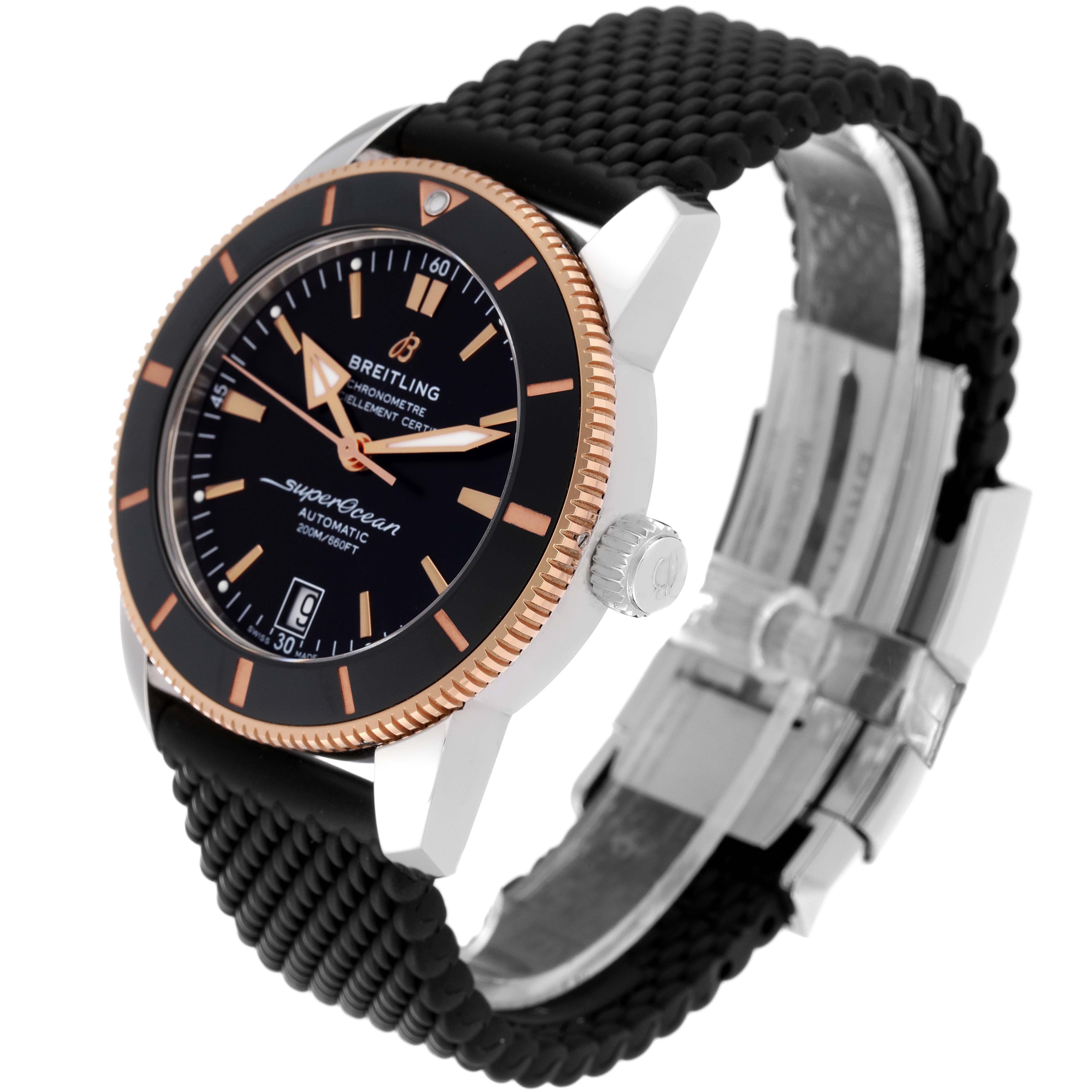 The image shows a Breitling Superocean UB2010 Men's Stainless Steel Black Dial UB2010 Men's Stainless Steel Black Dial model watch from a three-quarter angle, highlighting the dial, bezel, crown, and strap.