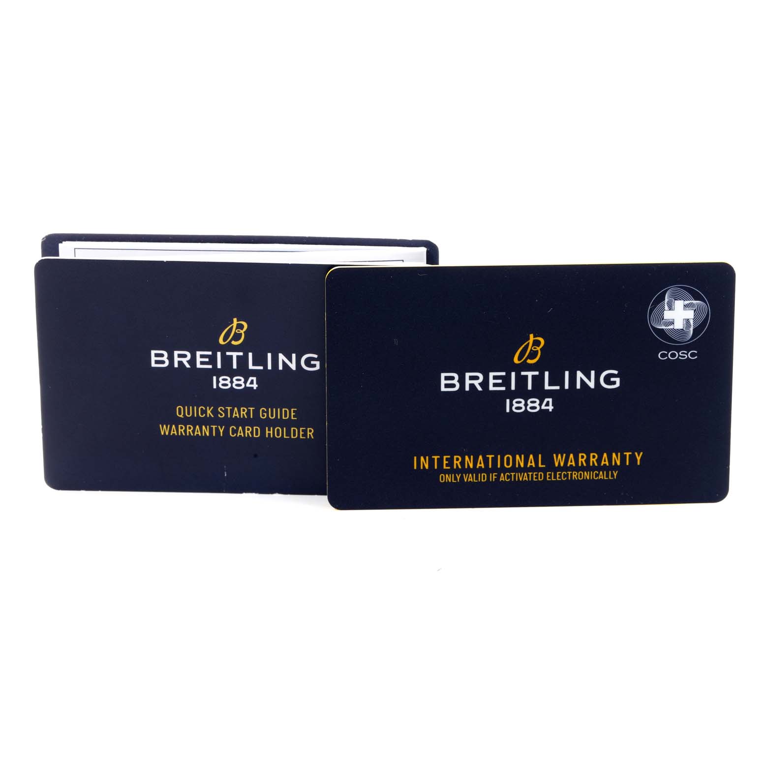 The image shows the warranty card holder and international warranty card for the Breitling Superocean UB2010 Men's Stainless Steel Black Dial UB2010 Men's Stainless Steel Black Dial watch.