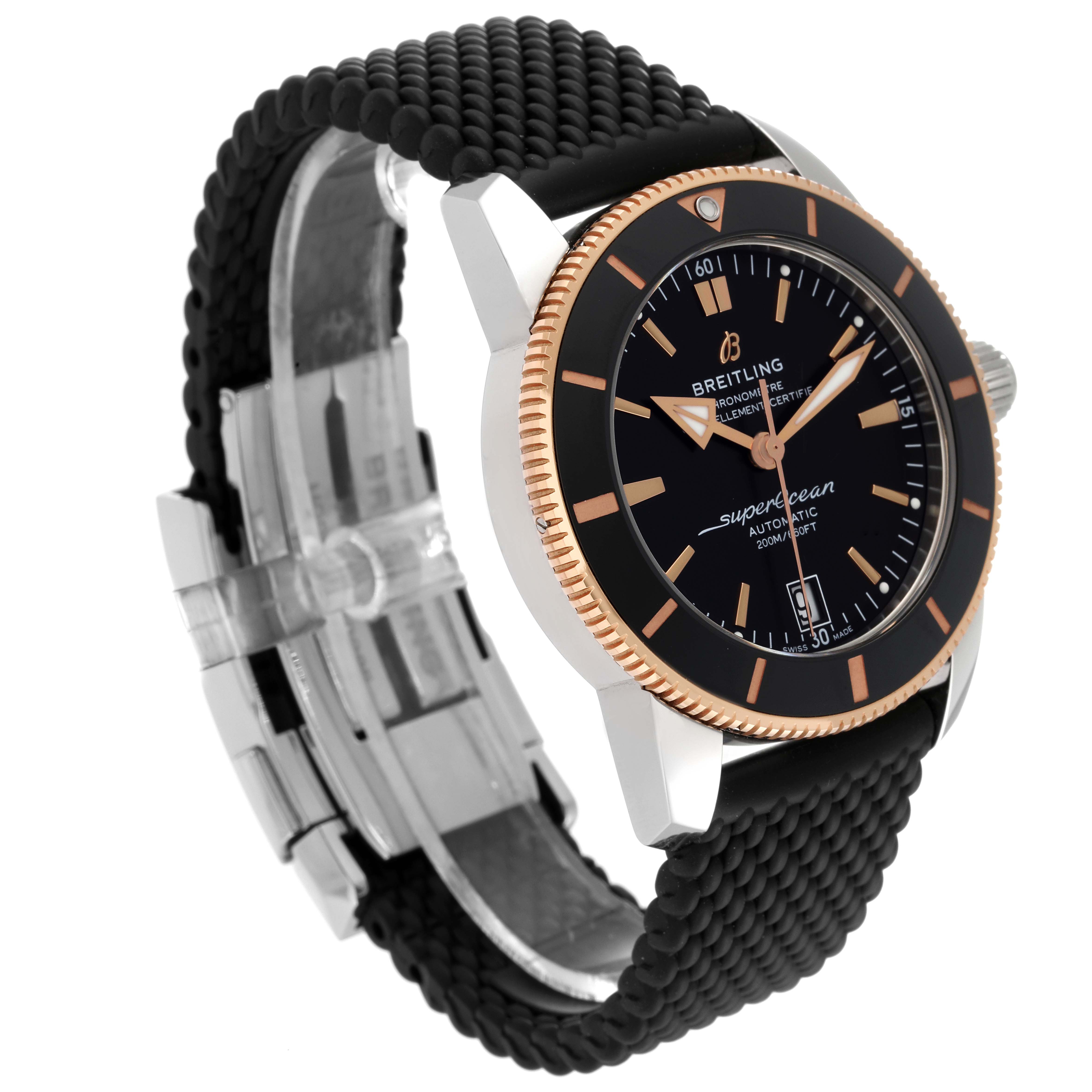 This image shows a Breitling Superocean UB2010 Men's Stainless Steel Black Dial UB2010 Men's Stainless Steel Black Dial watch at a three-quarter angle, highlighting its black dial, bezel, and textured black strap.