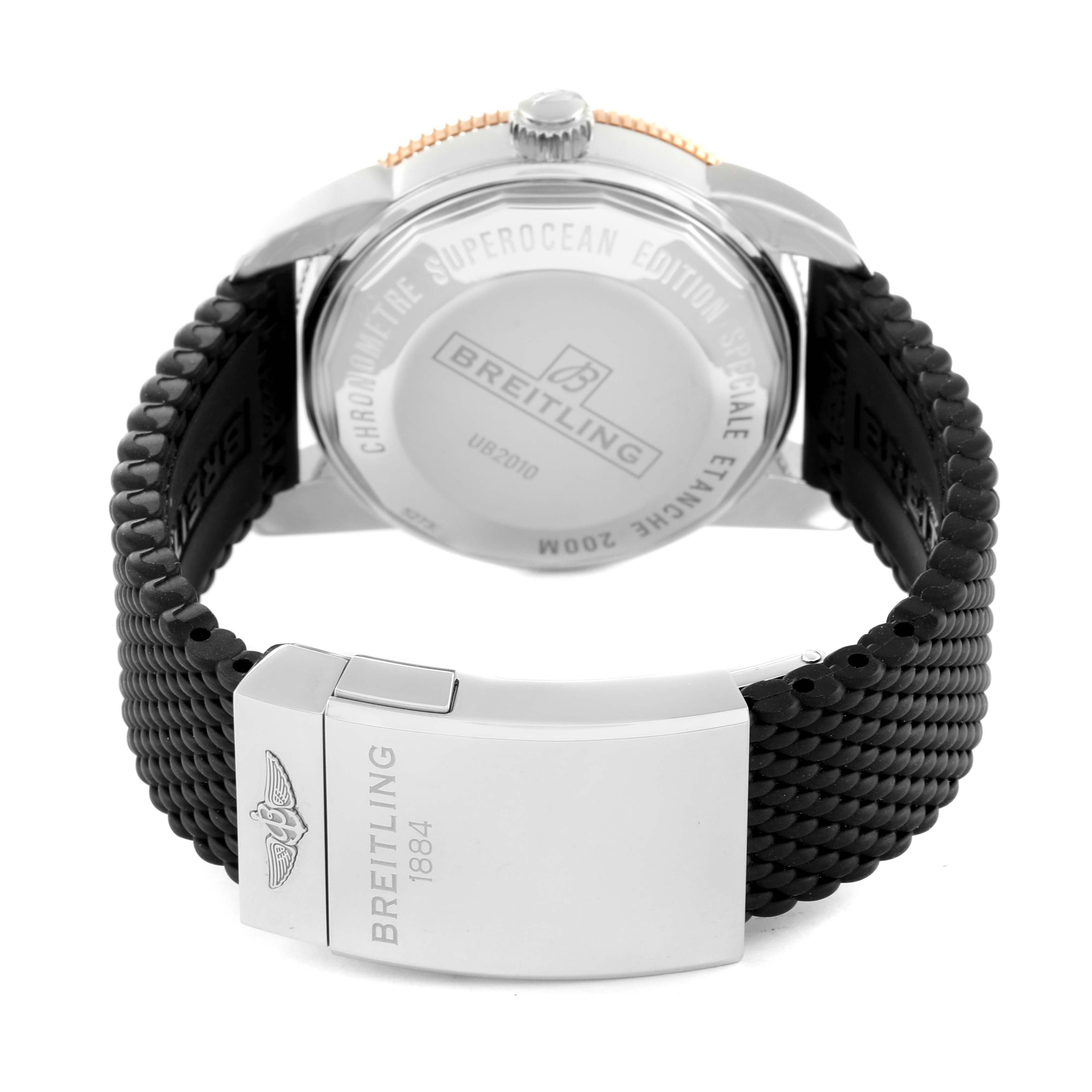 This image shows the back case and clasp of a Breitling Superocean UB2010 Men's Stainless Steel Black Dial UB2010 Men's Stainless Steel Black Dial watch at a slight angle.