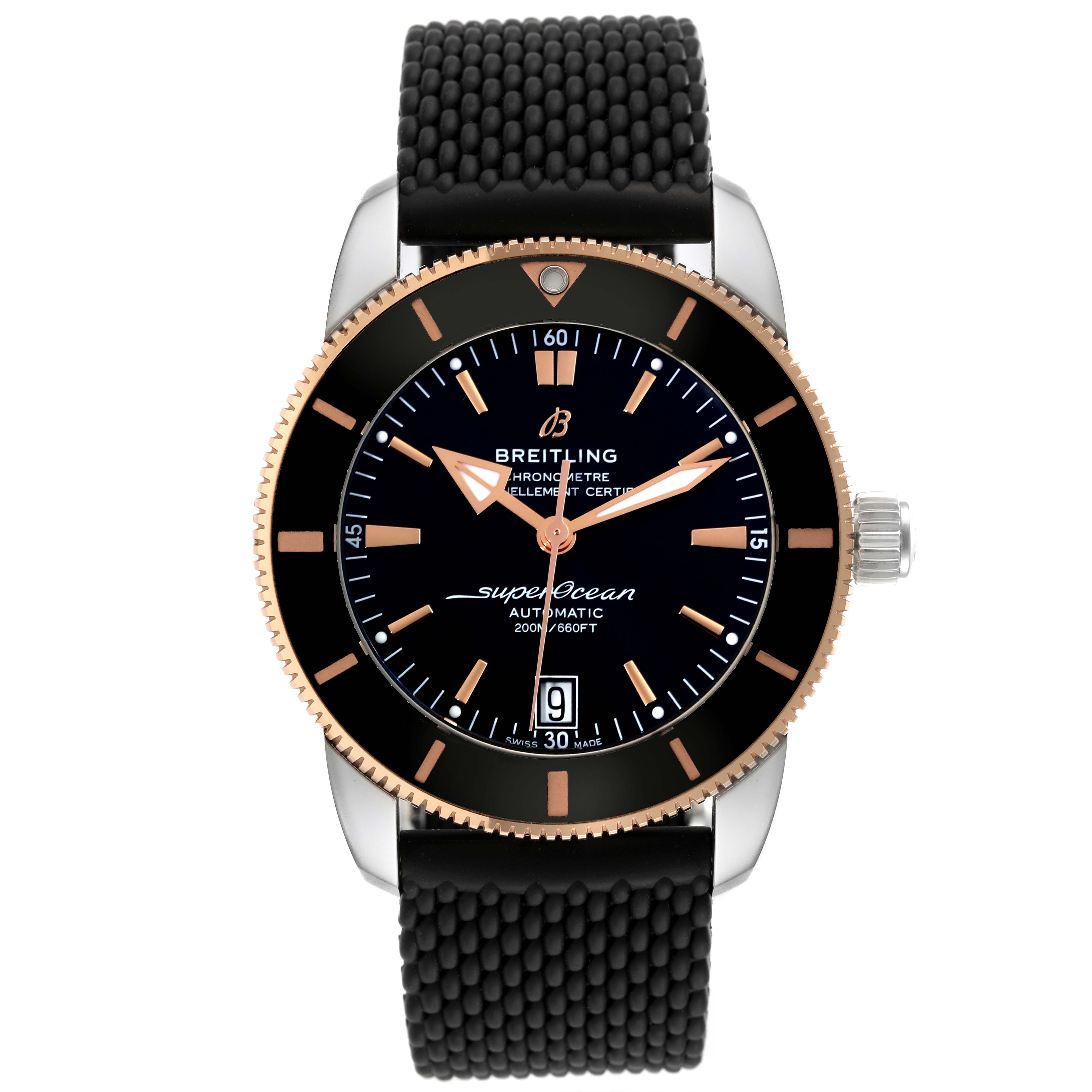 The image shows a front view of a Breitling Superocean UB2010 Men's Stainless Steel Black Dial UB2010 Men's Stainless Steel Black Dial watch, displaying the dial, bezel, crown, and strap.