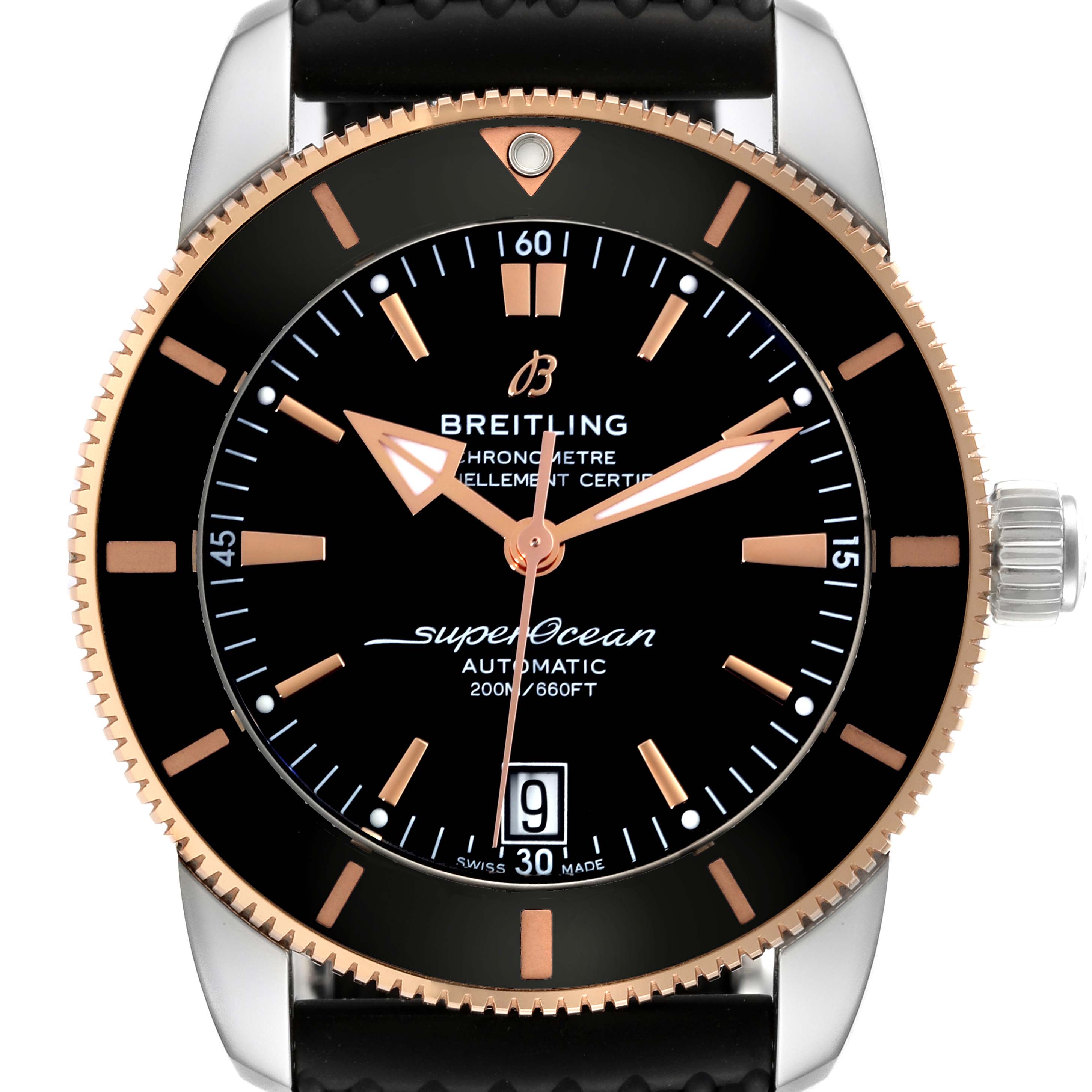 This is a close-up, front-facing image of a Breitling Superocean UB2010 Men's Stainless Steel Black Dial UB2010 Men's Stainless Steel Black Dial watch showing the dial, hands, bezel, and crown.