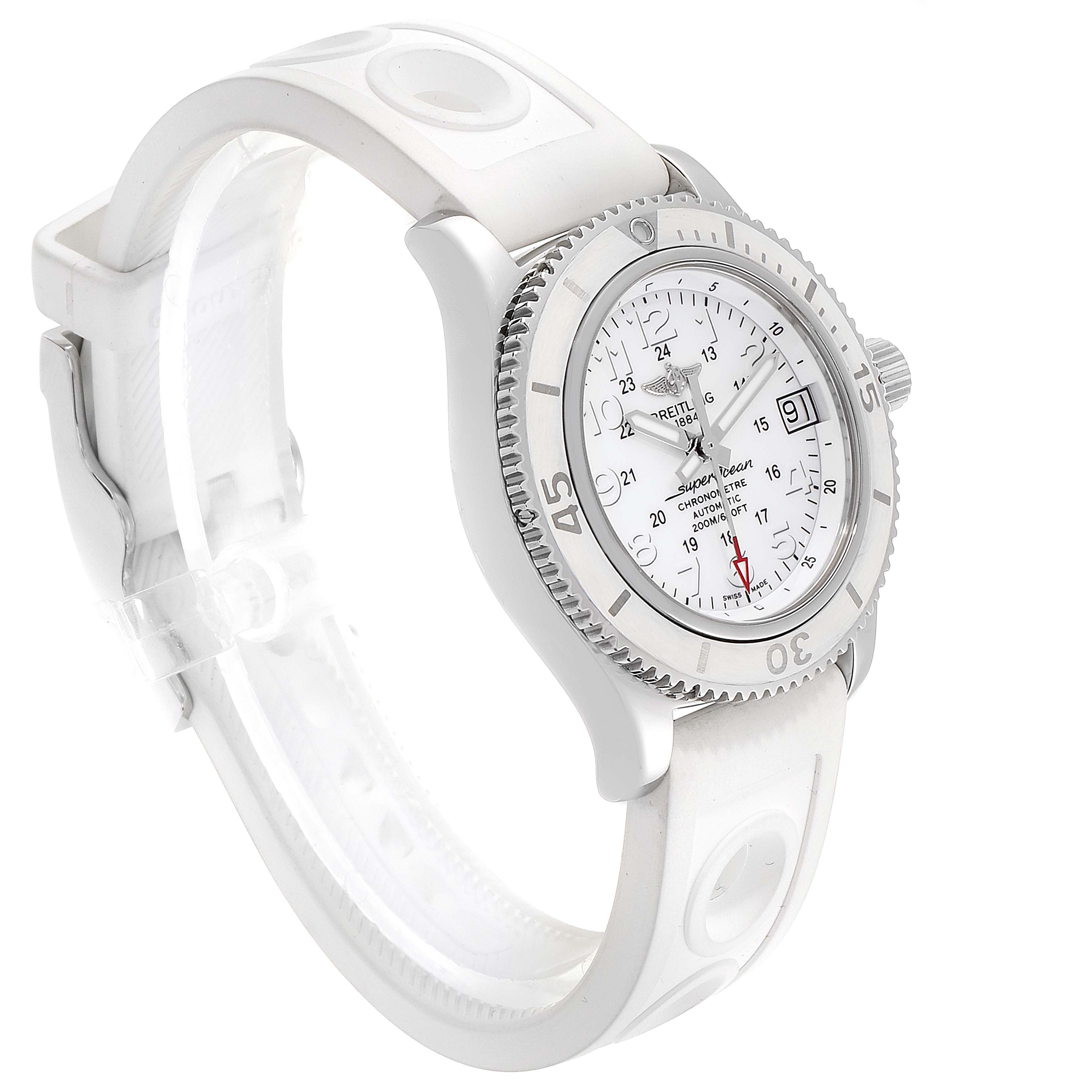 The image shows a side angle of the Breitling A17312 Women's Stainless Steel White Dial A17312 Women's Stainless Steel White Dial Superocean II 36 Hurricane White Dial Ladies Watch A17312, highlighting the dial, bezel, and strap.