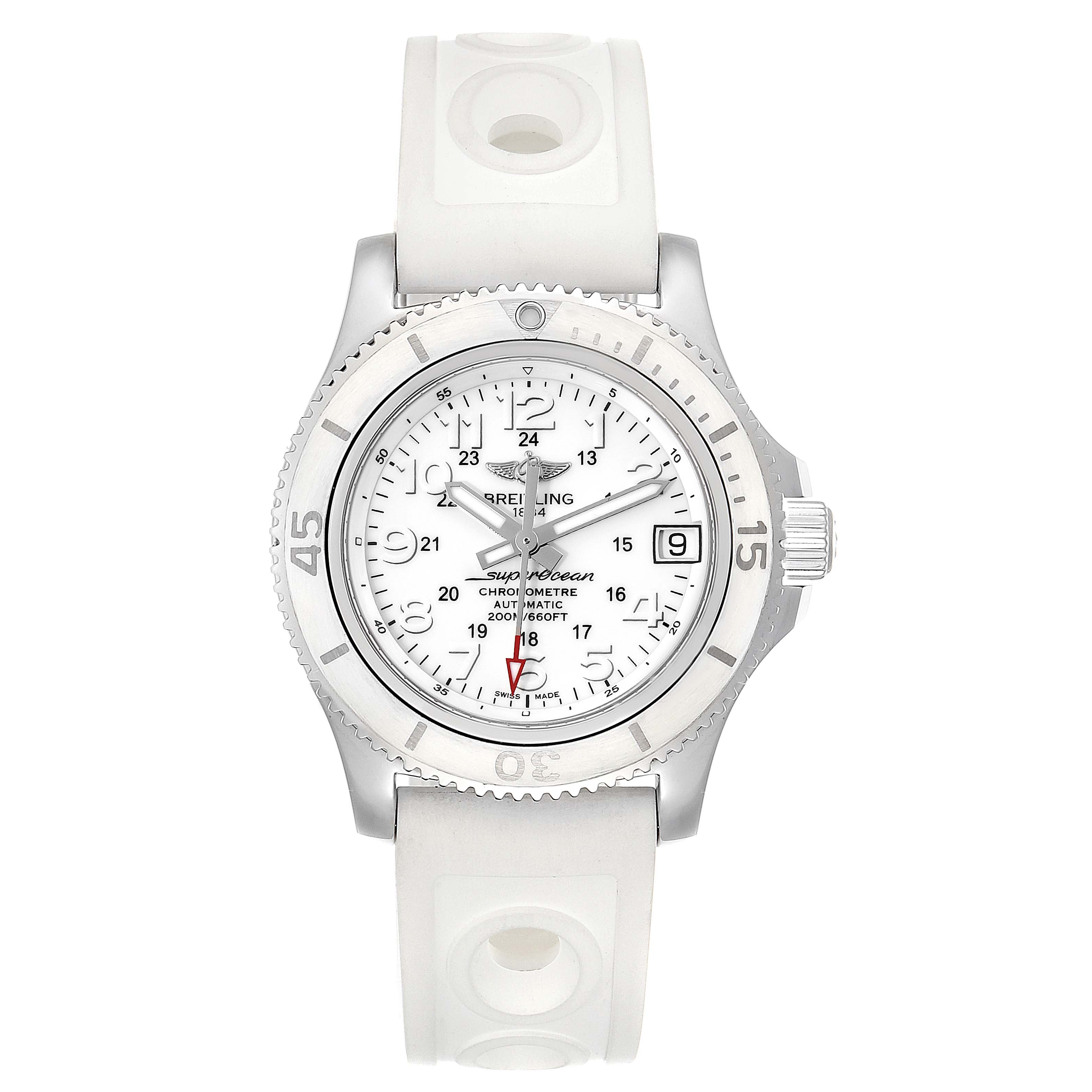 The image shows a front view of the Breitling A17312 Women's Stainless Steel White Dial A17312 Women's Stainless Steel White Dial Superocean II 36 Hurricane White Dial Ladies Watch A17312, including its bezel, dial, and strap.