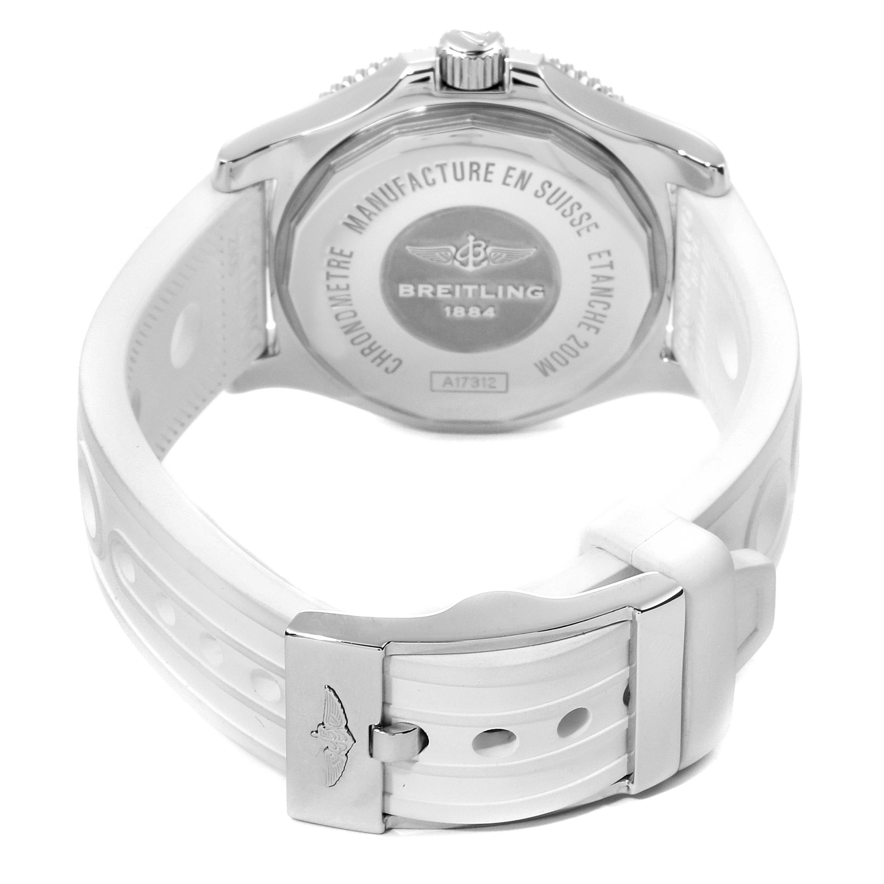 The image shows the back case and white rubber strap of the Breitling A17312 Women's Stainless Steel White Dial A17312 Women's Stainless Steel White Dial Superocean II 36 Hurricane White Dial Ladies Watch A17312 model.
