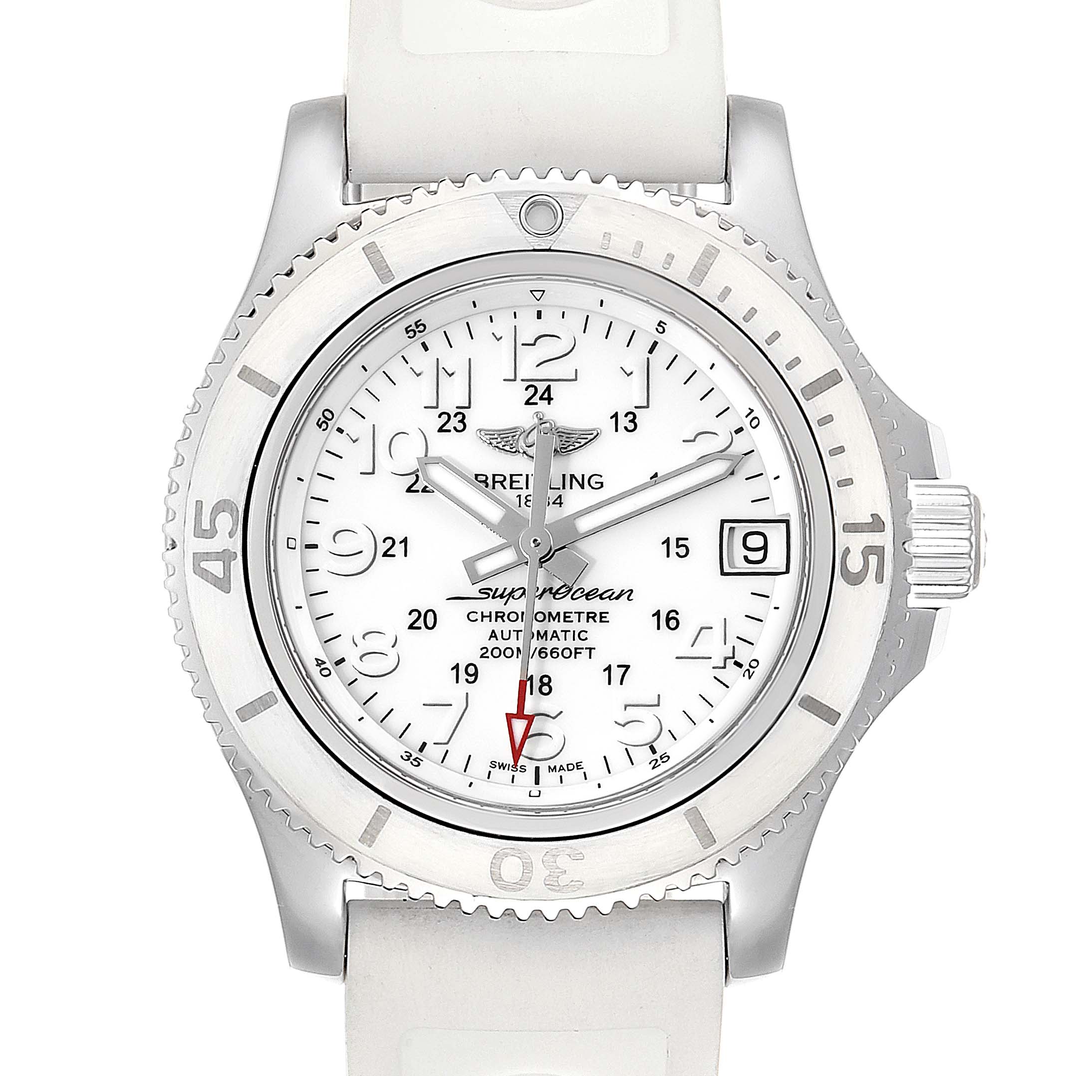 The image shows a front view of the Breitling A17312 Women's Stainless Steel White Dial A17312 Women's Stainless Steel White Dial Superocean II 36 Hurricane White Dial Ladies Watch A17312.