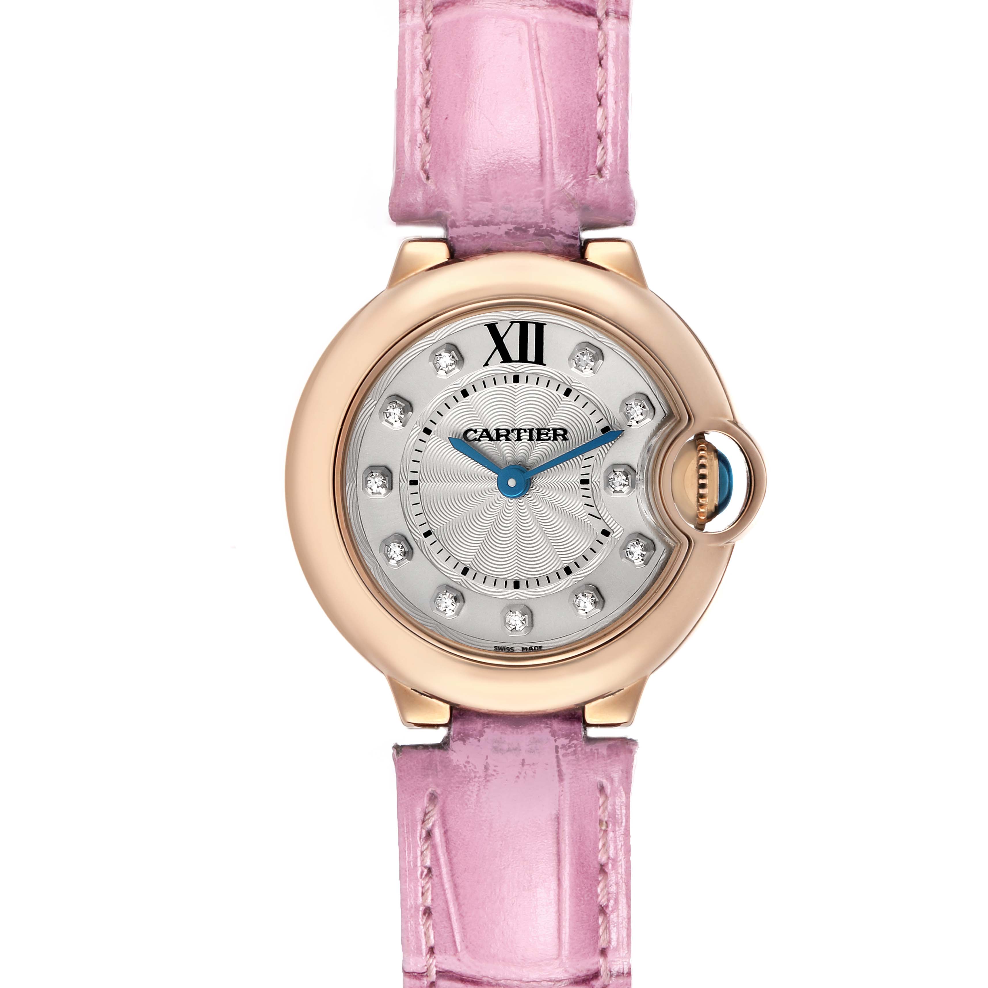 The Cartier Ballon Bleu WE902050 Women's Rose Gold Silver Dial watch is shown from a top-down angle, highlighting the face, pink strap, and diamond hour markers.