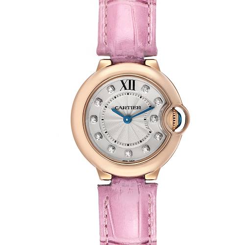 The Cartier Ballon Bleu WE902050 Women's Rose Gold Silver Dial watch is shown from a front angle with a pink strap and visible diamond markers.