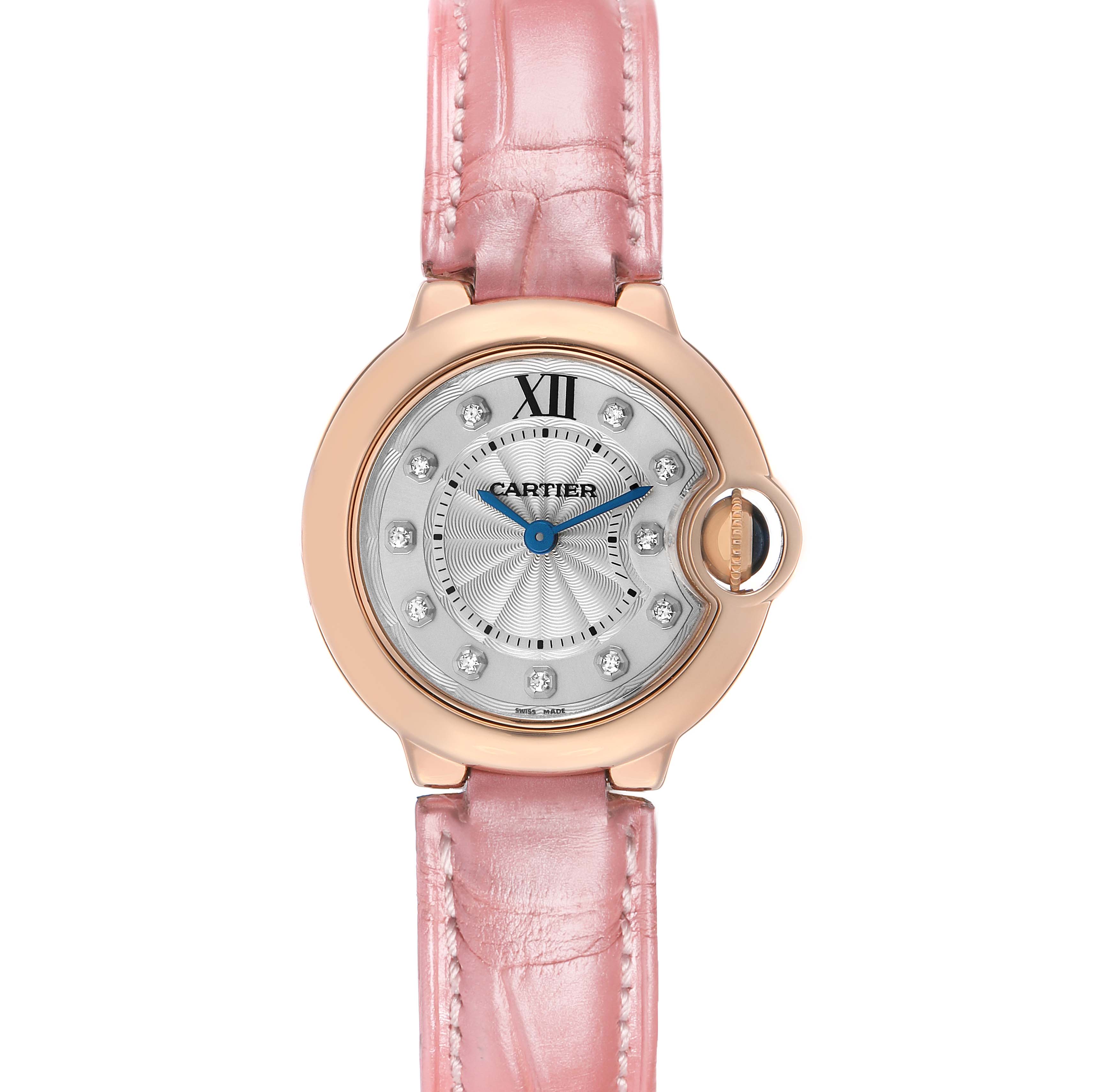 The Cartier Ballon Bleu WE902050 Women's Rose Gold Silver Dial watch is shown from a front angle, featuring a pink leather strap and diamond indices.