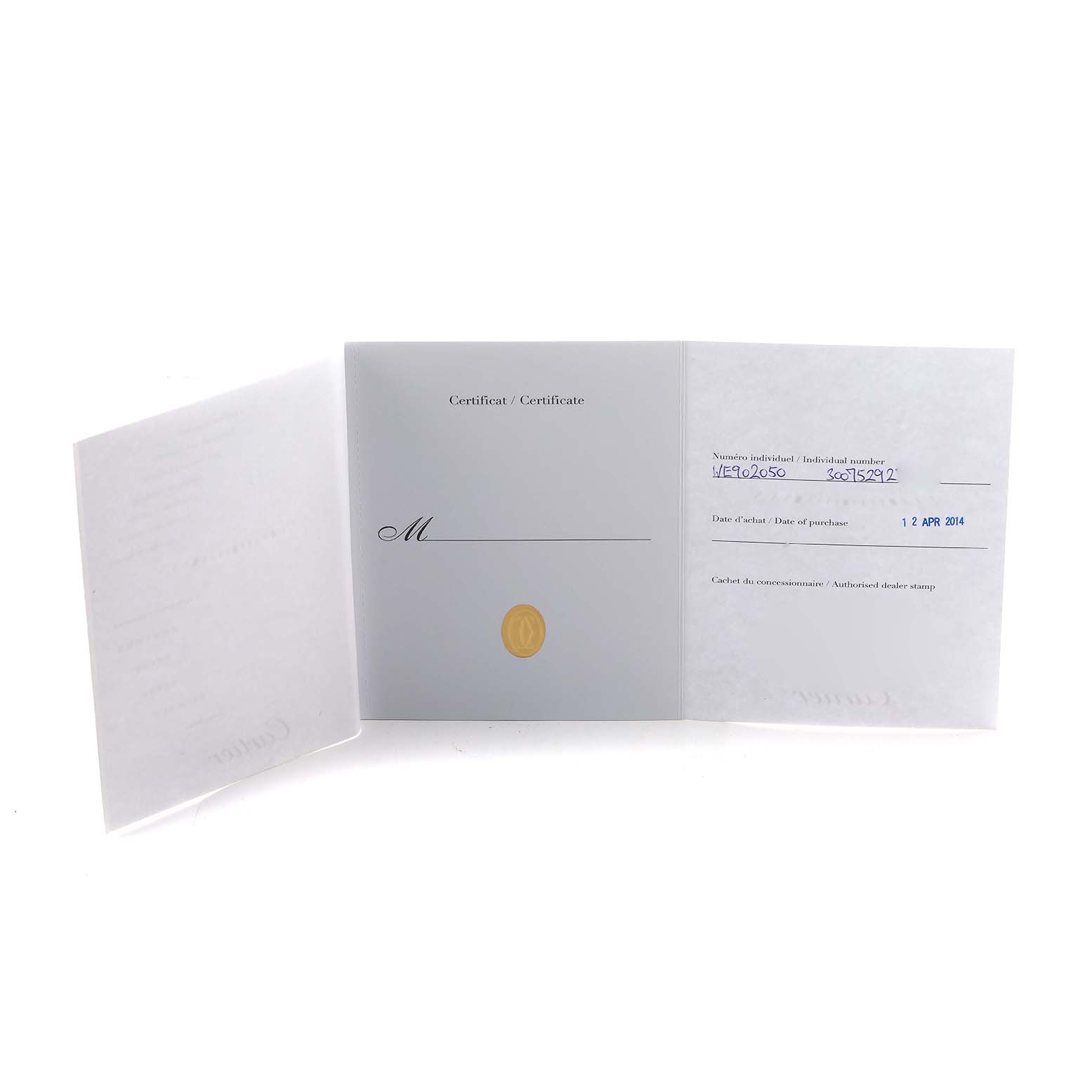 The image shows the open certificate for the Ballon Bleu model by Cartier, displaying purchase and serial information.