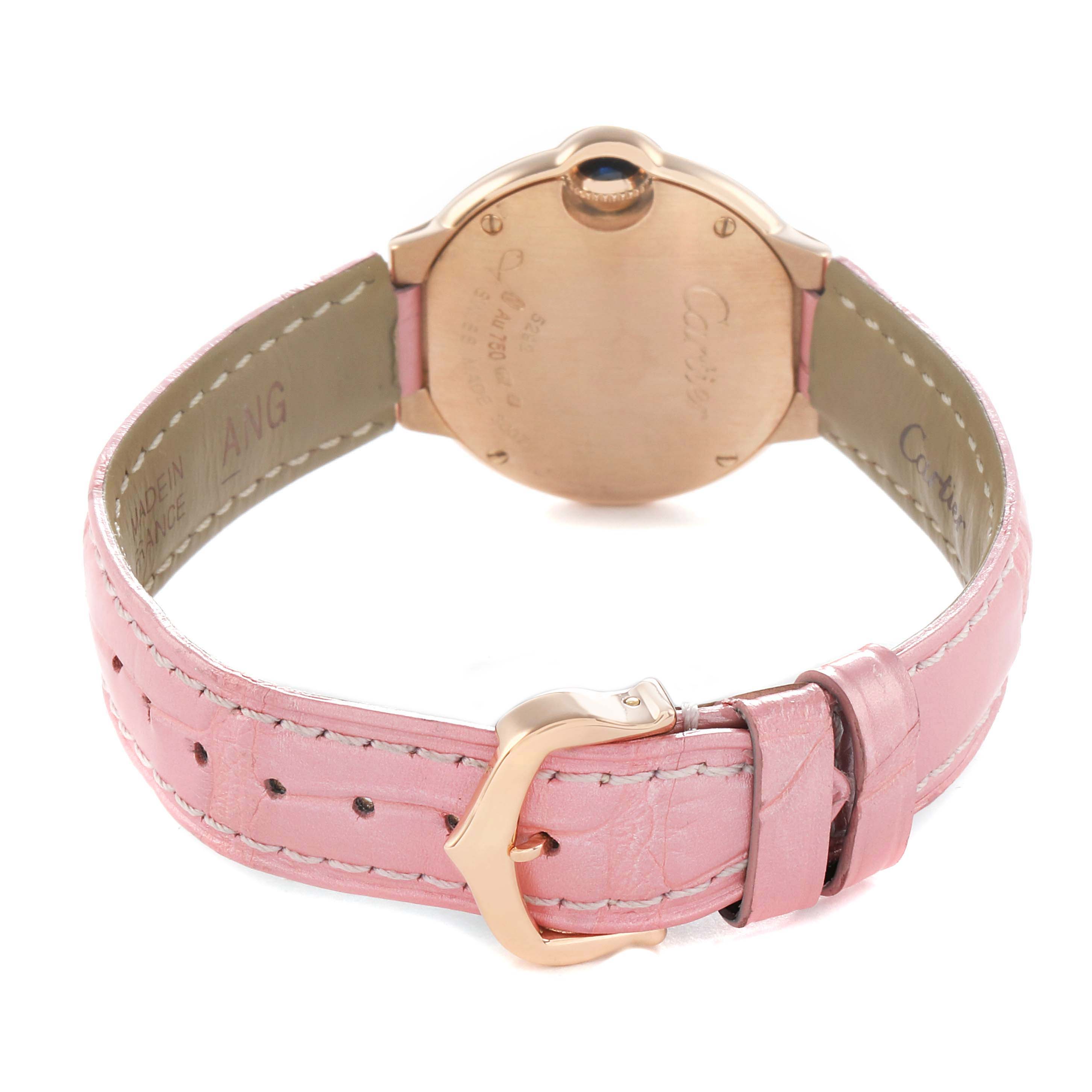 The image shows the back case and pink leather strap with buckle of a Cartier Ballon Bleu WE902050 Women's Rose Gold Silver Dial watch from a rear angle.