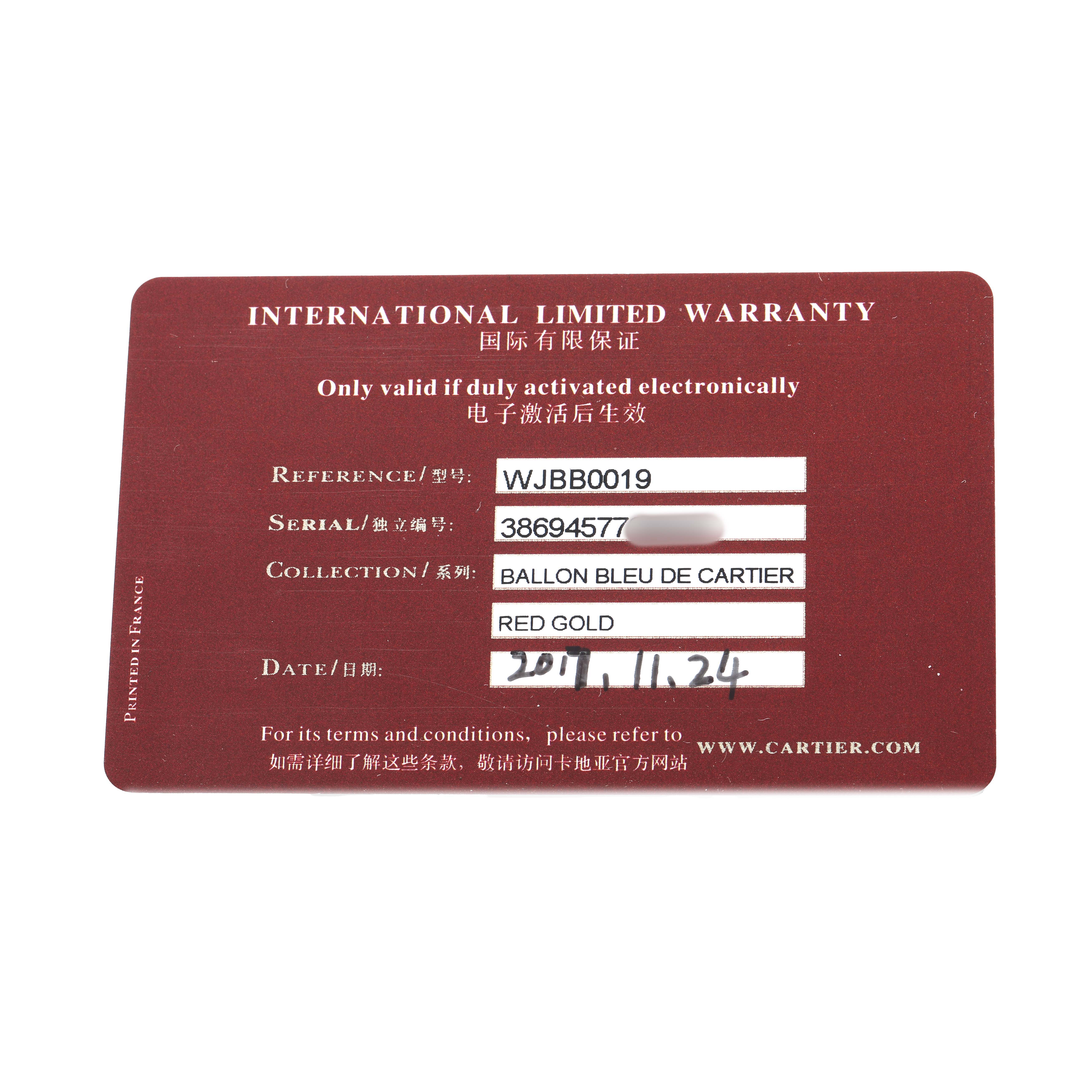 The image shows the International Limited Warranty card for the Ballon Bleu de Cartier watch.