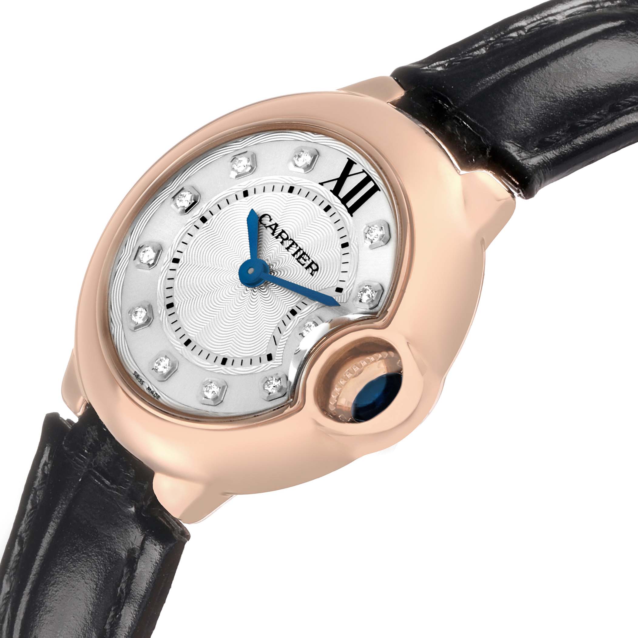 The Cartier Ballon Bleu WJBB0019 Women's Rose Gold Silver Dial watch is shown at an angle displaying the dial, crown, and part of the leather strap.