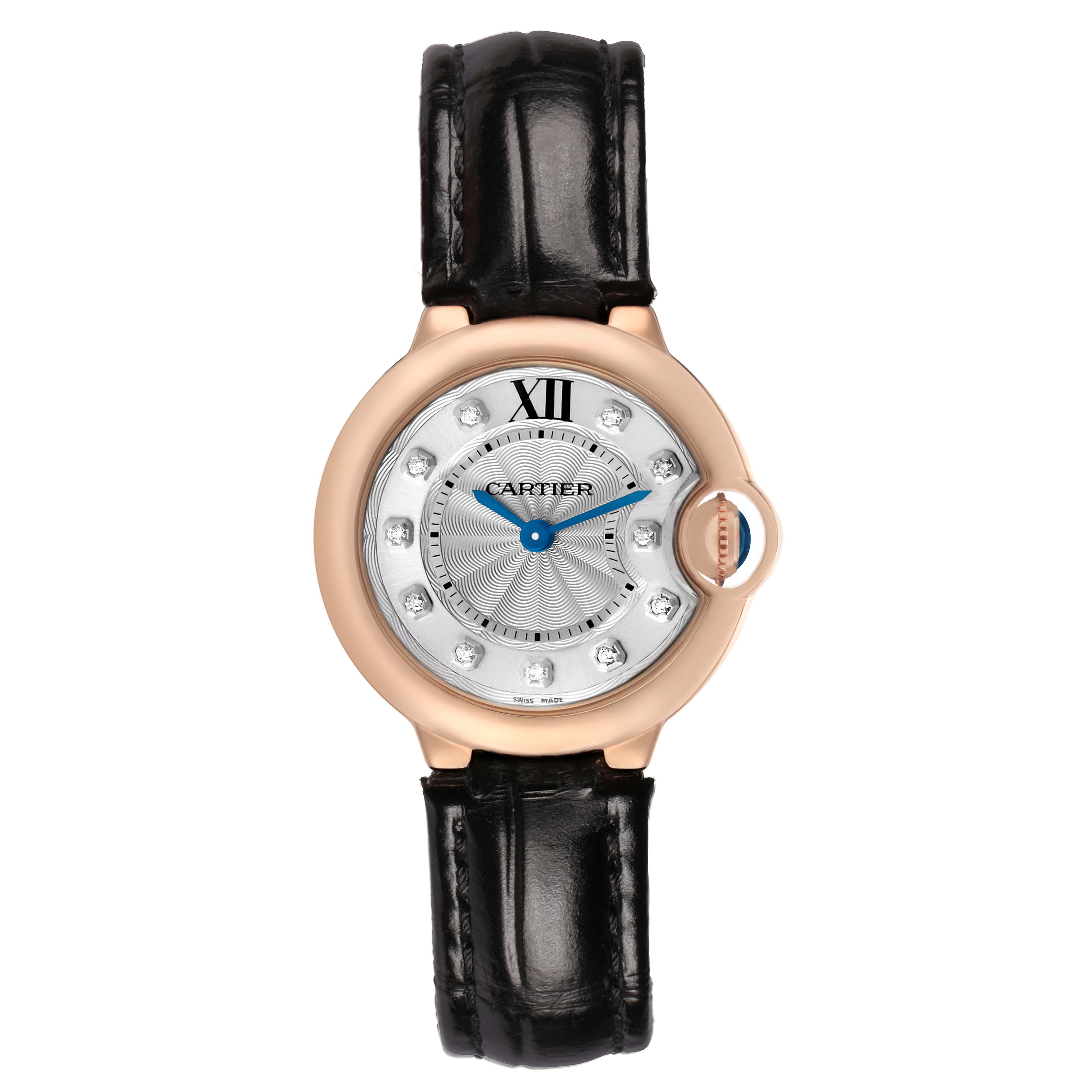 The Cartier Ballon Bleu WJBB0019 Women's Rose Gold Silver Dial watch is shown from a top-down angle, highlighting the face, bezel, and black leather strap.