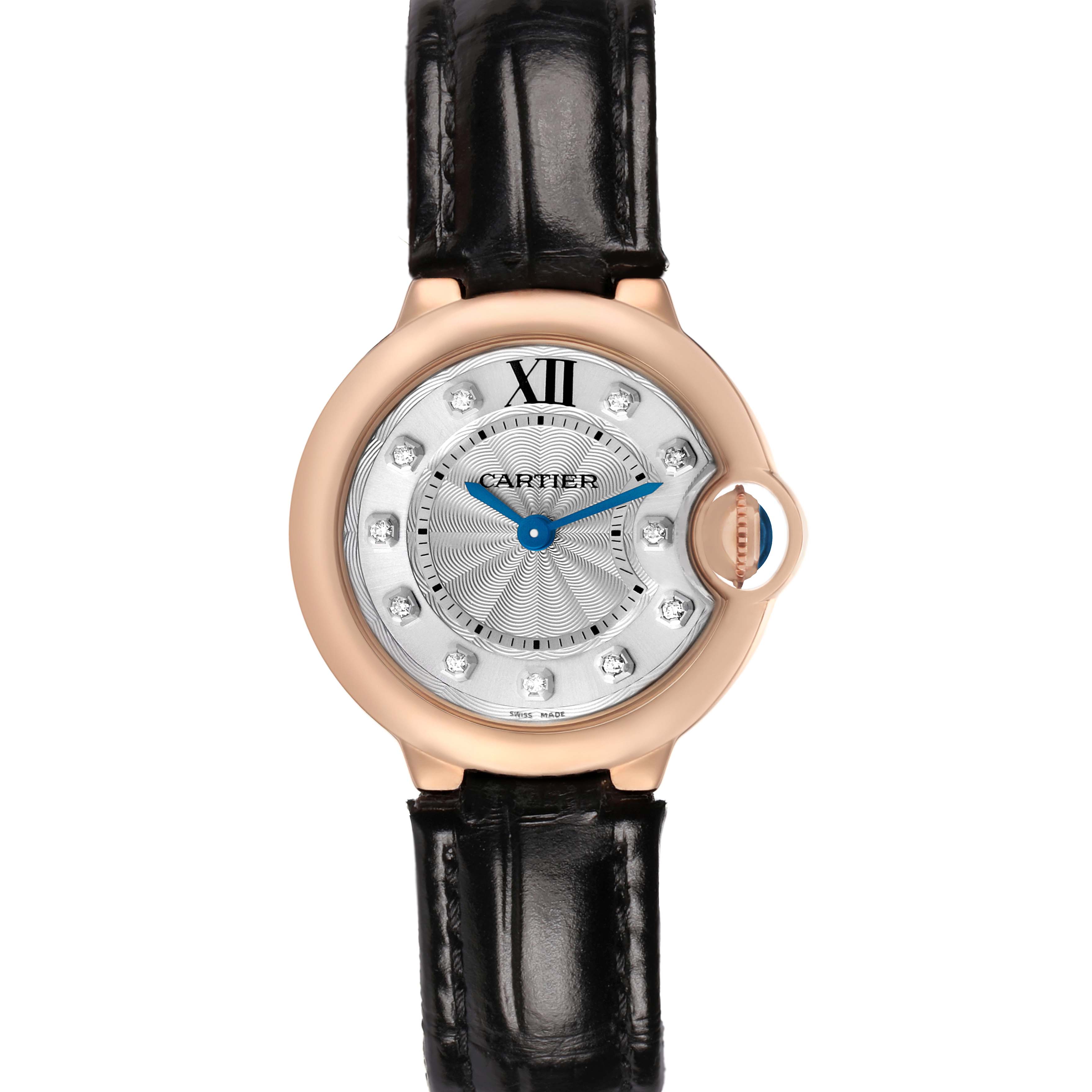 The Cartier Ballon Bleu WJBB0019 Women's Rose Gold Silver Dial watch is shown from a top-down view, displaying its face, crown, and leather strap.