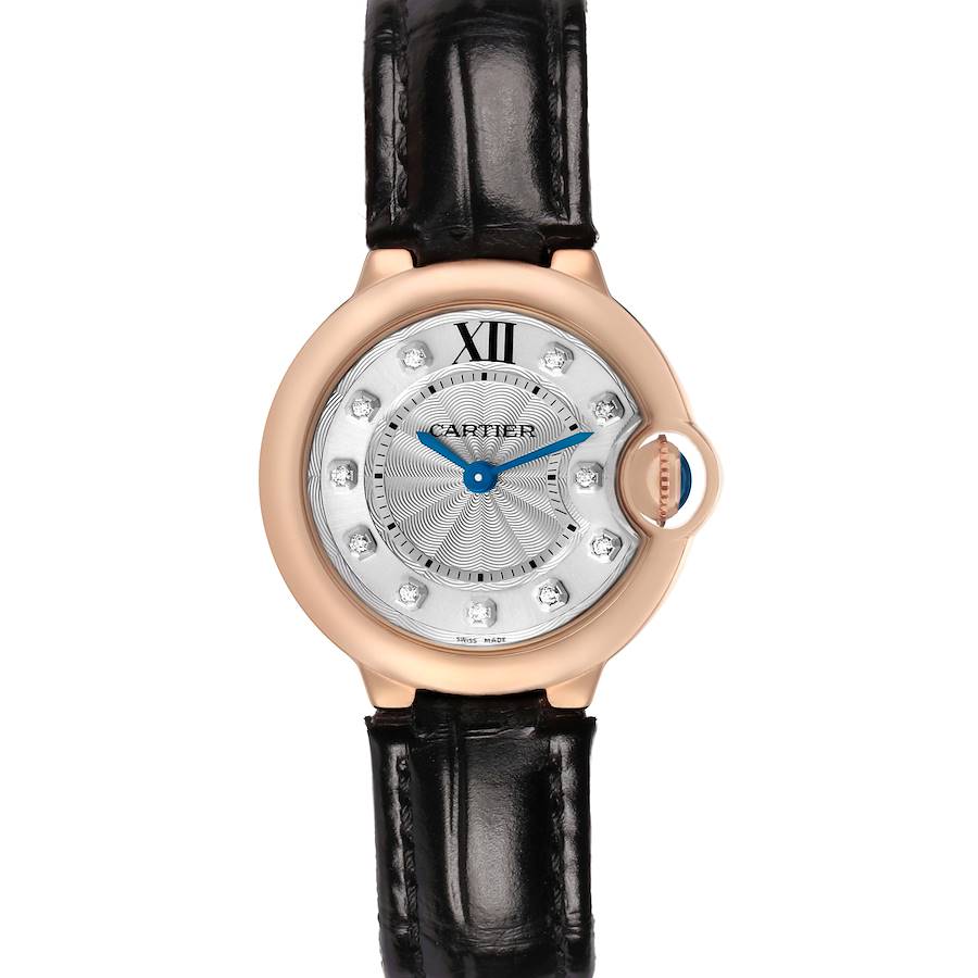 The Cartier Ballon Bleu WJBB0019 Women's Rose Gold Silver Dial watch is shown from a top-down view, displaying its face, crown, and leather strap.