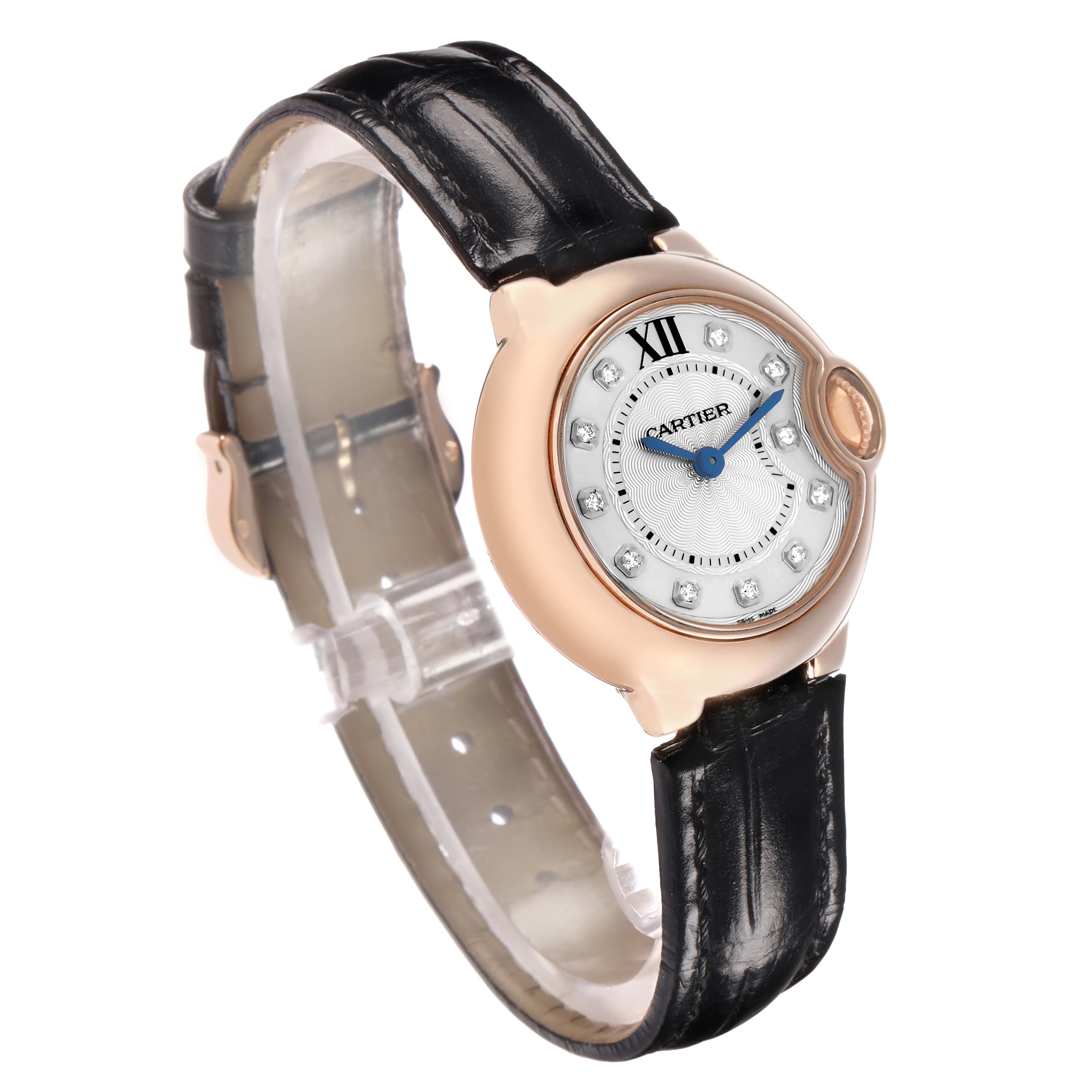 The Cartier Ballon Bleu WJBB0019 Women's Rose Gold Silver Dial watch is shown at a three-quarter angle, highlighting the face, bezel, and leather strap.