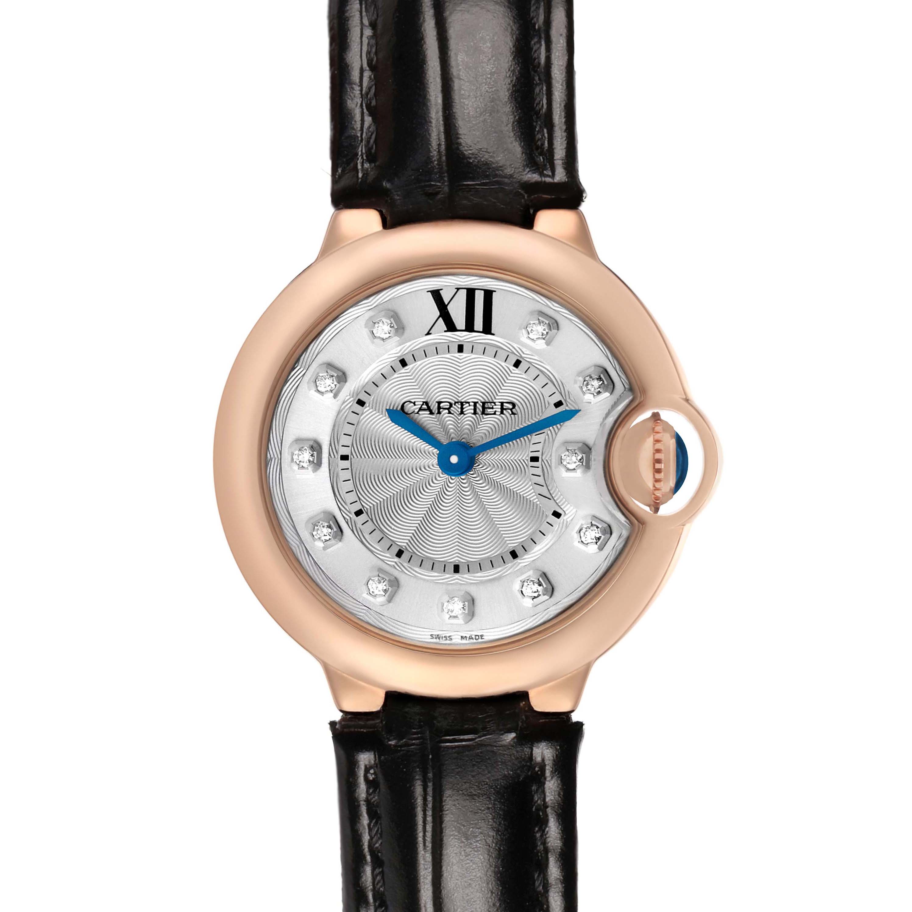 The Cartier Ballon Bleu WJBB0019 Women's Rose Gold Silver Dial watch is shown from the front, displaying its round face, Roman numeral, diamond markers, and leather strap.