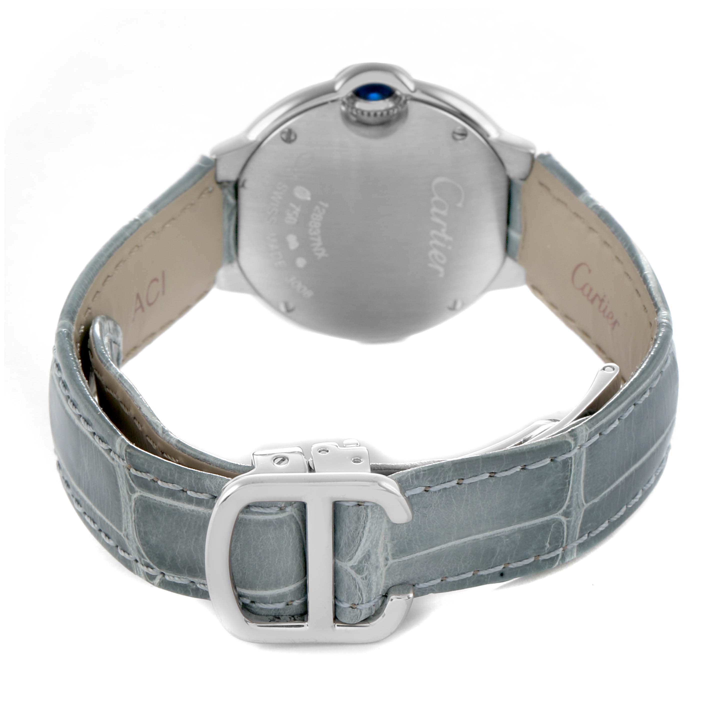The image shows the back view of a Cartier Ballon Bleu WE900351 Women's White Gold Silver Dial watch, focusing on the leather strap and clasp.