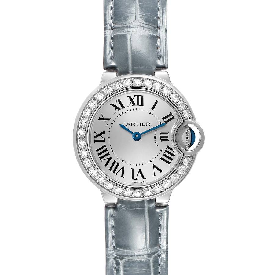 The image shows a Cartier Ballon Bleu WE900351 Women's White Gold Silver Dial watch from a top-down angle, highlighting the face, Roman numerals, and diamond-studded bezel.