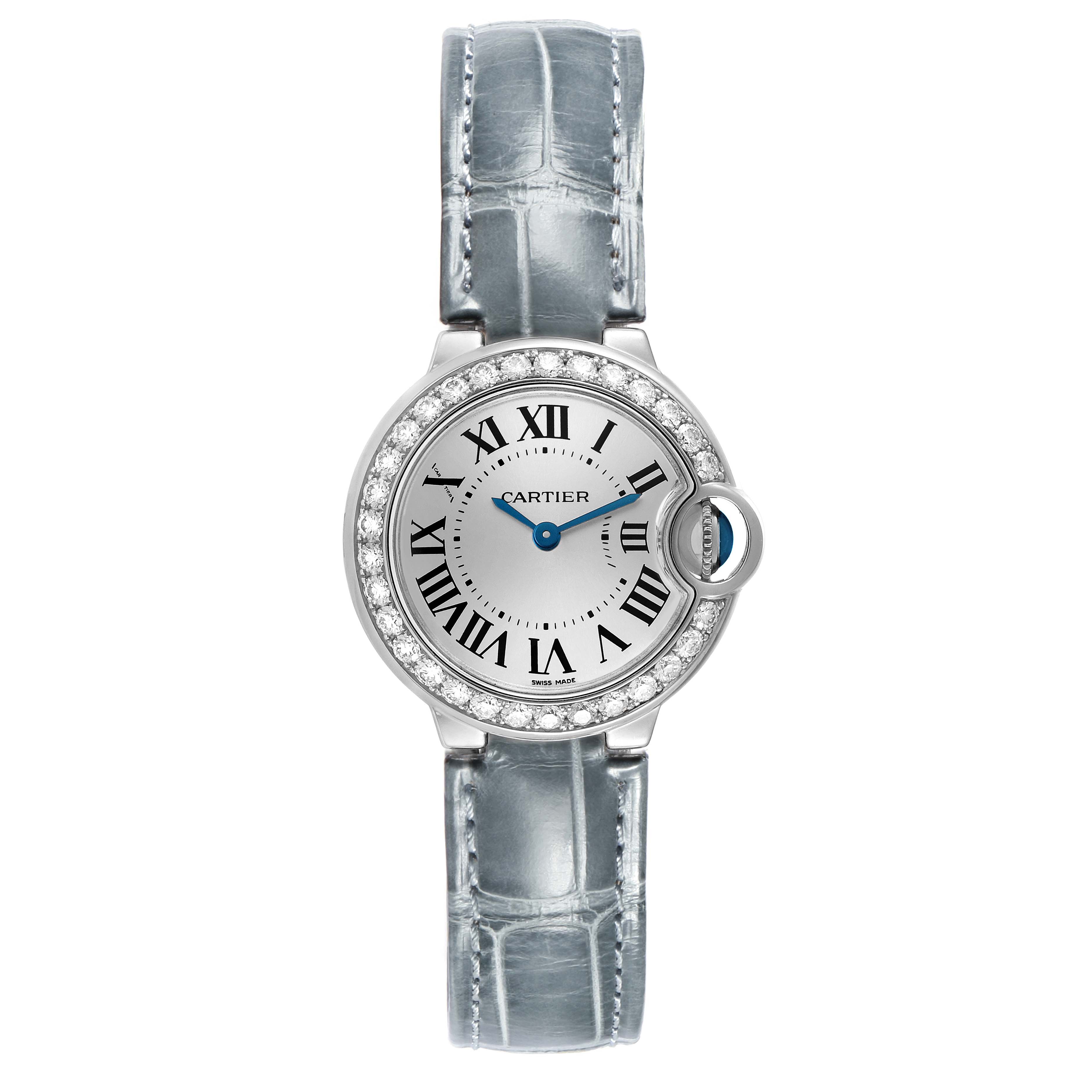 The Cartier Ballon Bleu WE900351 Women's White Gold Silver Dial watch is shown from the front, displaying its face, Roman numerals, and leather strap.