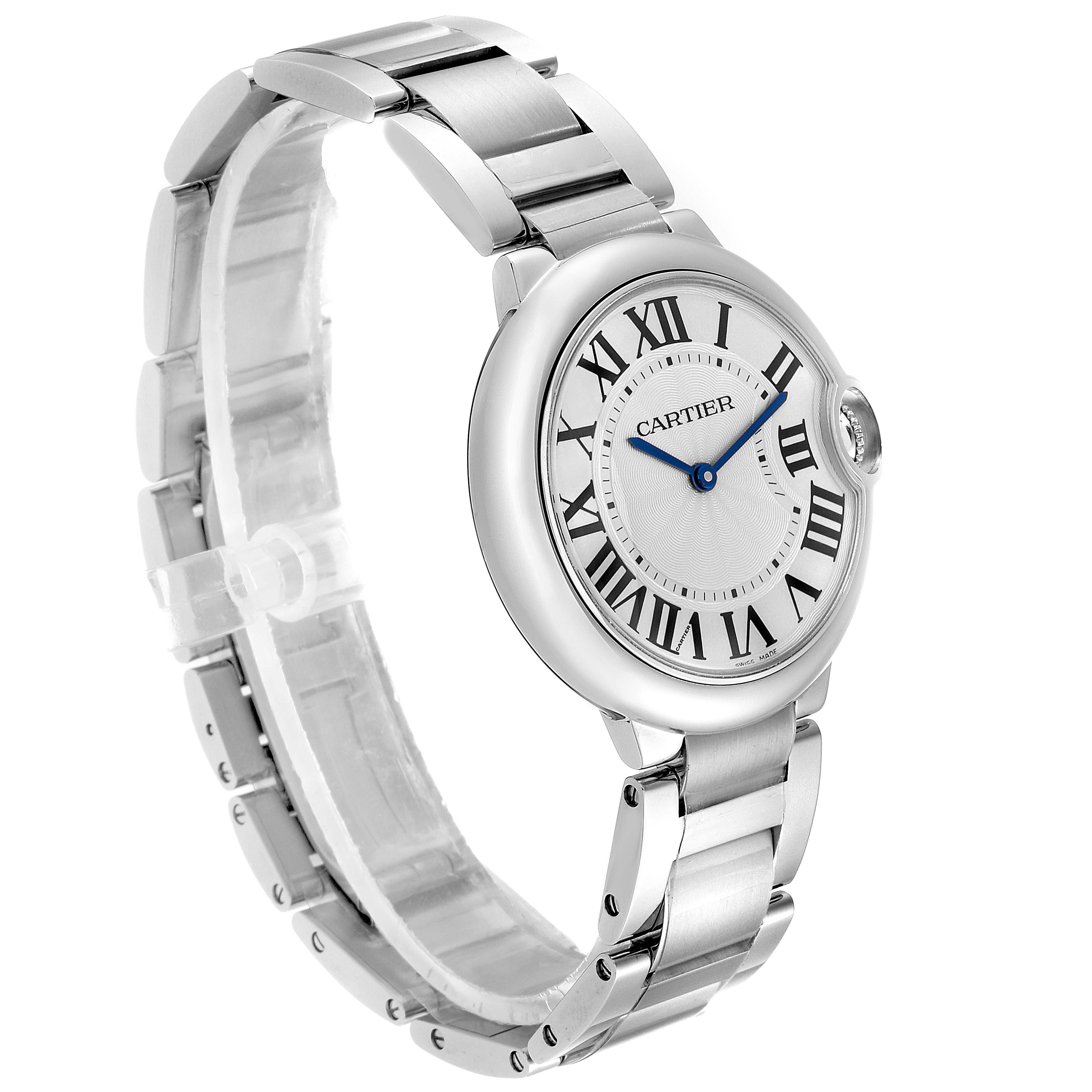 This image shows a side angle of the Ballon Bleu de Cartier watch, highlighting the round face, metal bracelet, and Roman numeral dial.