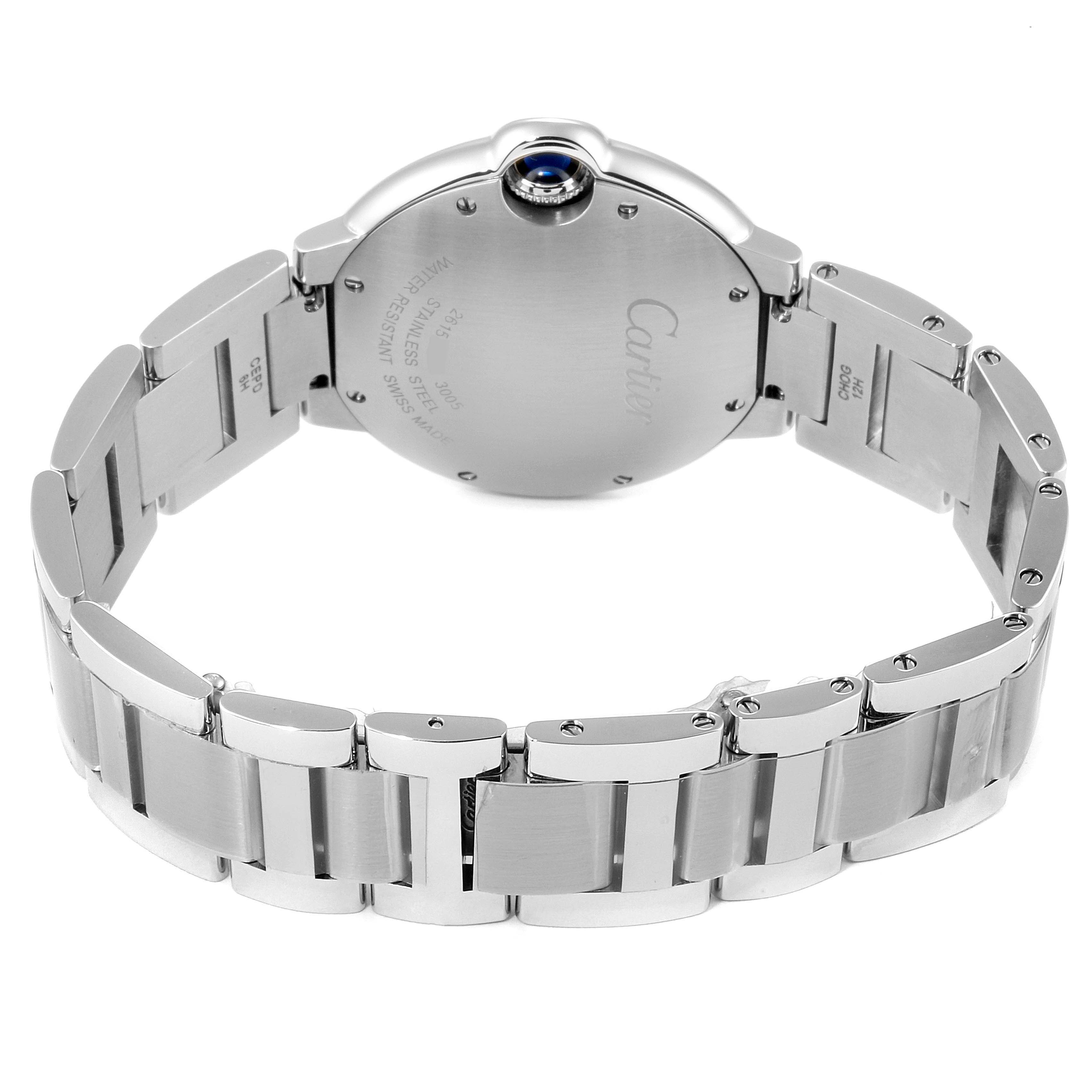 The image shows the back side and band of the Cartier Ballon Bleu W69011Z4 Men's Stainless Steel Silver Dial W69011Z4 Men's Stainless Steel Silver Dial watch at a rear angle, highlighting the clasp and bracelet links.