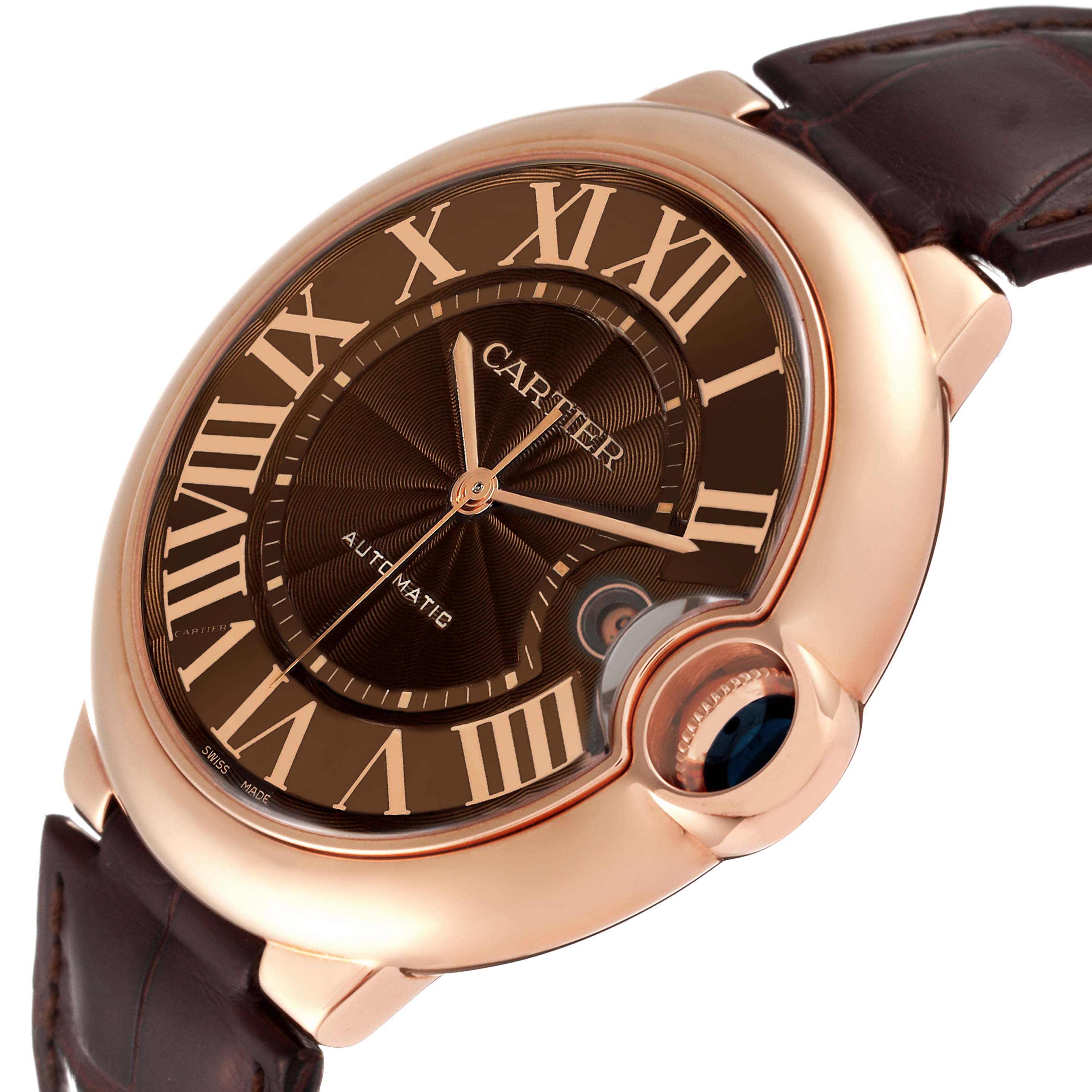 The image shows a close-up of the Cartier Ballon Bleu W6920037 Men's Rose Gold Brown Dial W6920037 Men's Rose Gold Brown Dial watch, angled to highlight the face, hands, crown, and part of the strap.
